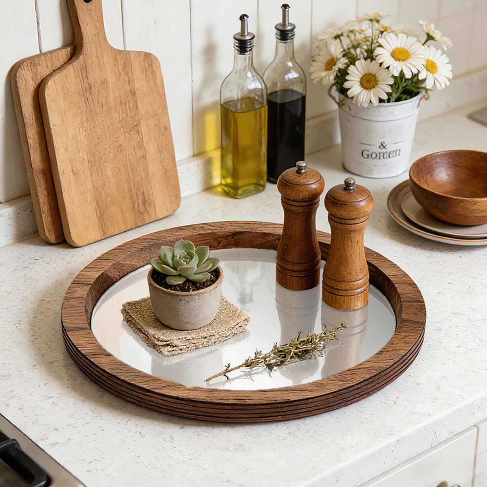 Adfltfc A Round Wood Decorative Tray, Rustic Butler Tray Unique Coffee Centerpiece, Mirror Candle Holder Vintage Mirrored Bar Plate For Coffee Table Farmhouse Centerpiece(A)