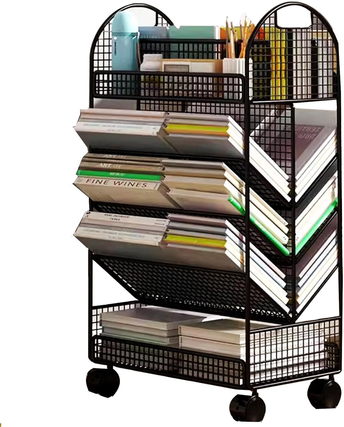 Book cartRolling File cart with Wheels, 5 Tier Mobile Bookshelf cart Rolling Utility cart Metal for School,Bedroom,Classroom,Office,Library,White
