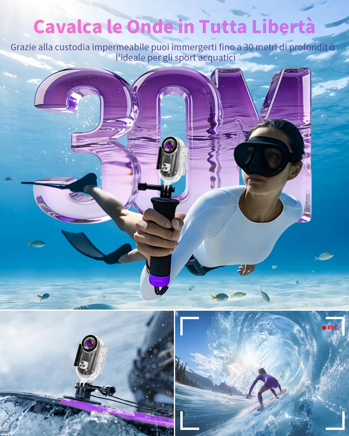 Action Cam 4K, Portatile Body Cam WiFi, 360° Telecamera Moto, POV Mini Action Camera Impermeabile 30M Videocamera da Casco per Bici, Moto, Vlog, Esterno e Animali Domestici
