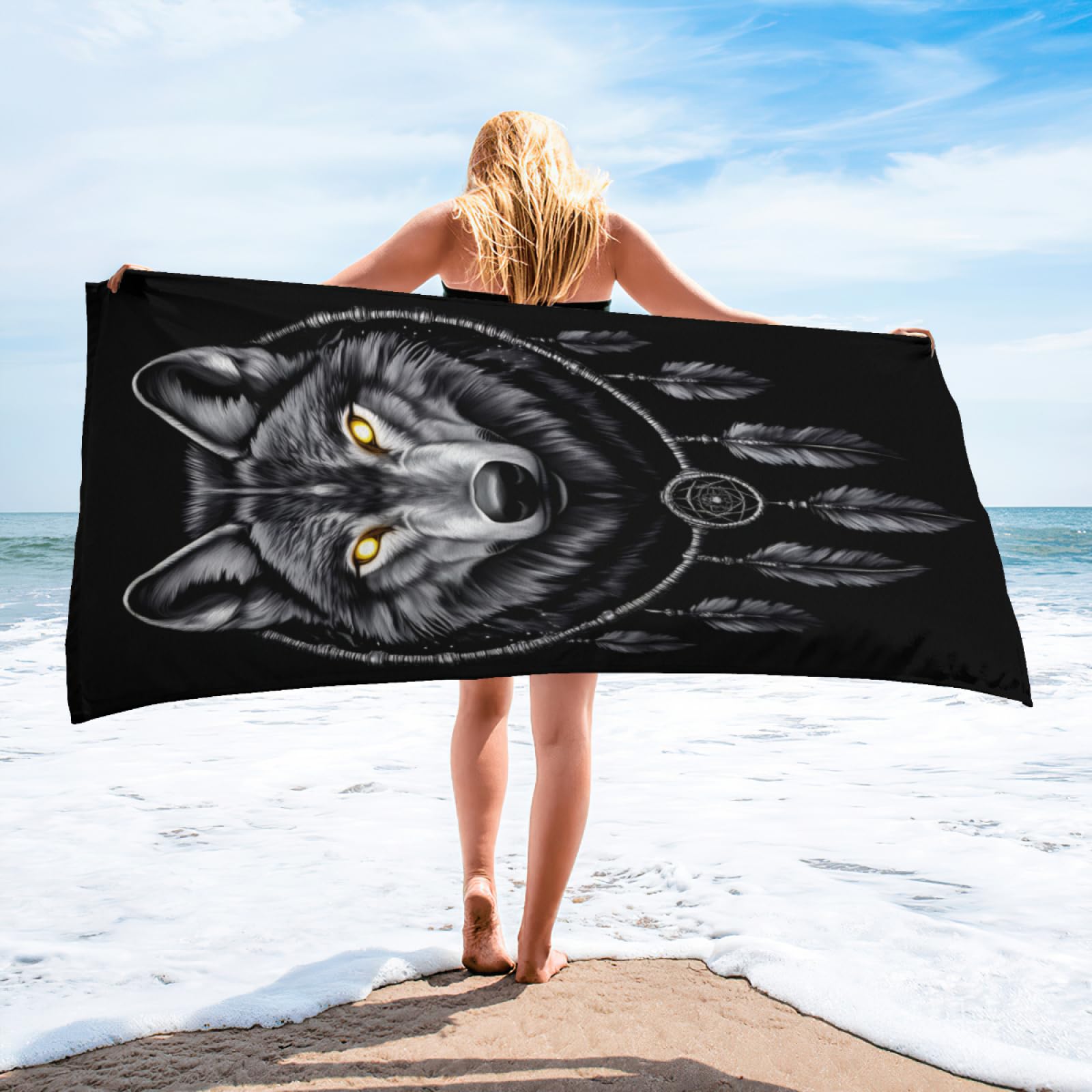 Serviette De Plage Loup Attrape-Rêves - Microfibre 80x160cm - Serviette Sport Fun Pour Toute La Famille