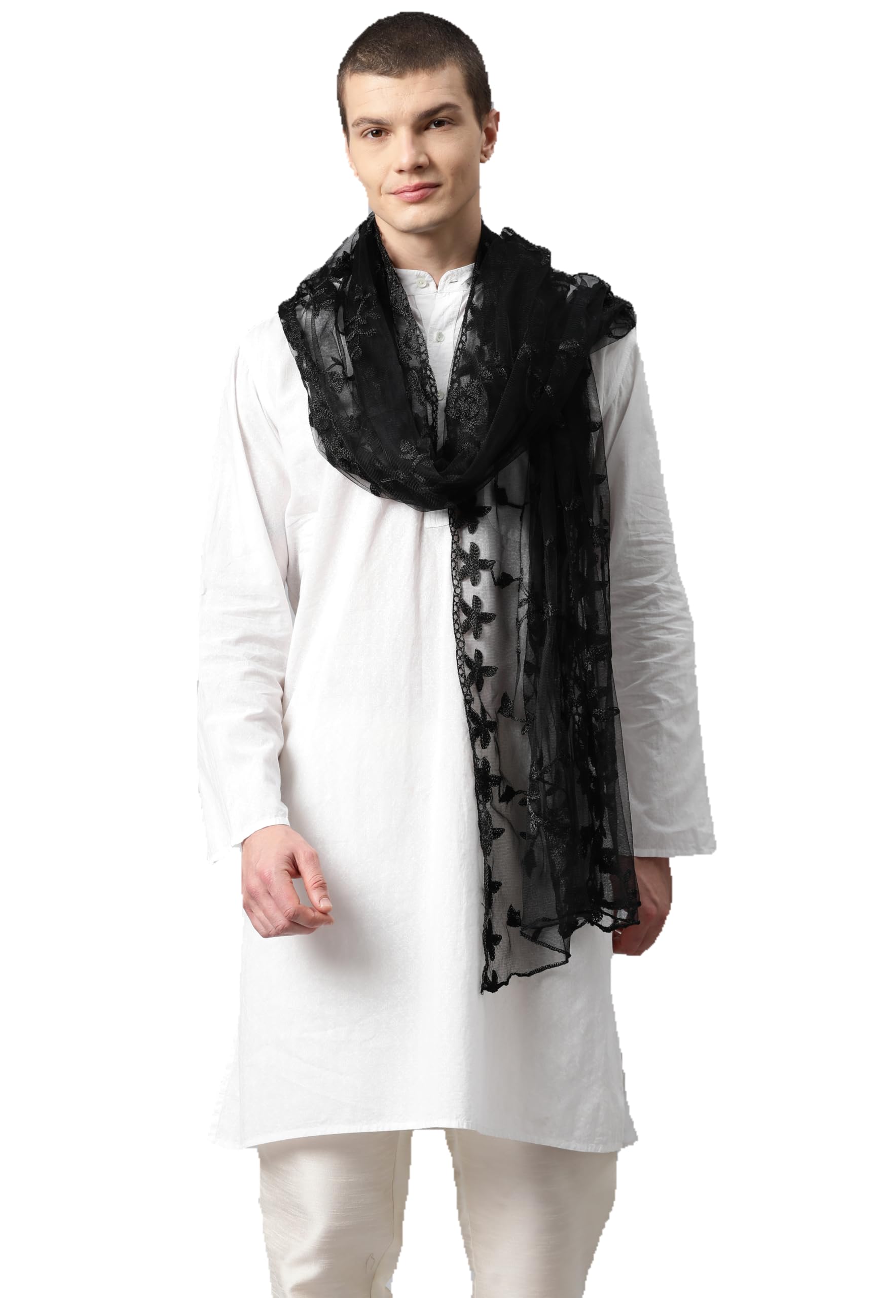 Weavers Villa Black Net Floral Embroided Dupatta For Men (2.20 Mtrs)