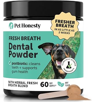 Dog Breath Freshener Dental Powder - Teeth Cleaning Plaque Off + Tartar Remover for Dogs - Care Supplement Food Topper with Kelp, HMP + Postbiotics for Healthy Gums - Mint Flavor 60 Servings