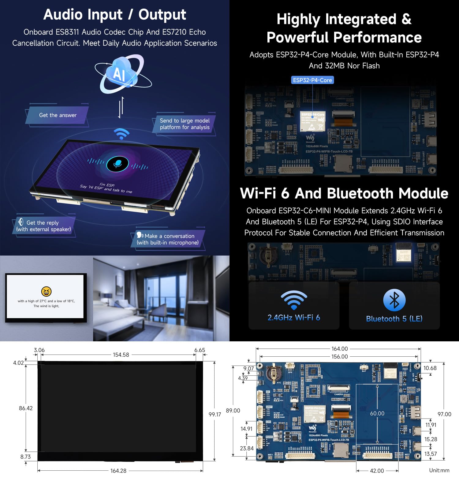 Waveshare ESP32-P4-WIFI6 7inch 5-Point Touch Display Development Board(with OV5647 Camera), Based on ESP32-P4 and ESP32-C6, 1024x600 Resolution, Supports Wi-FI 6 / BT 5 (Le)