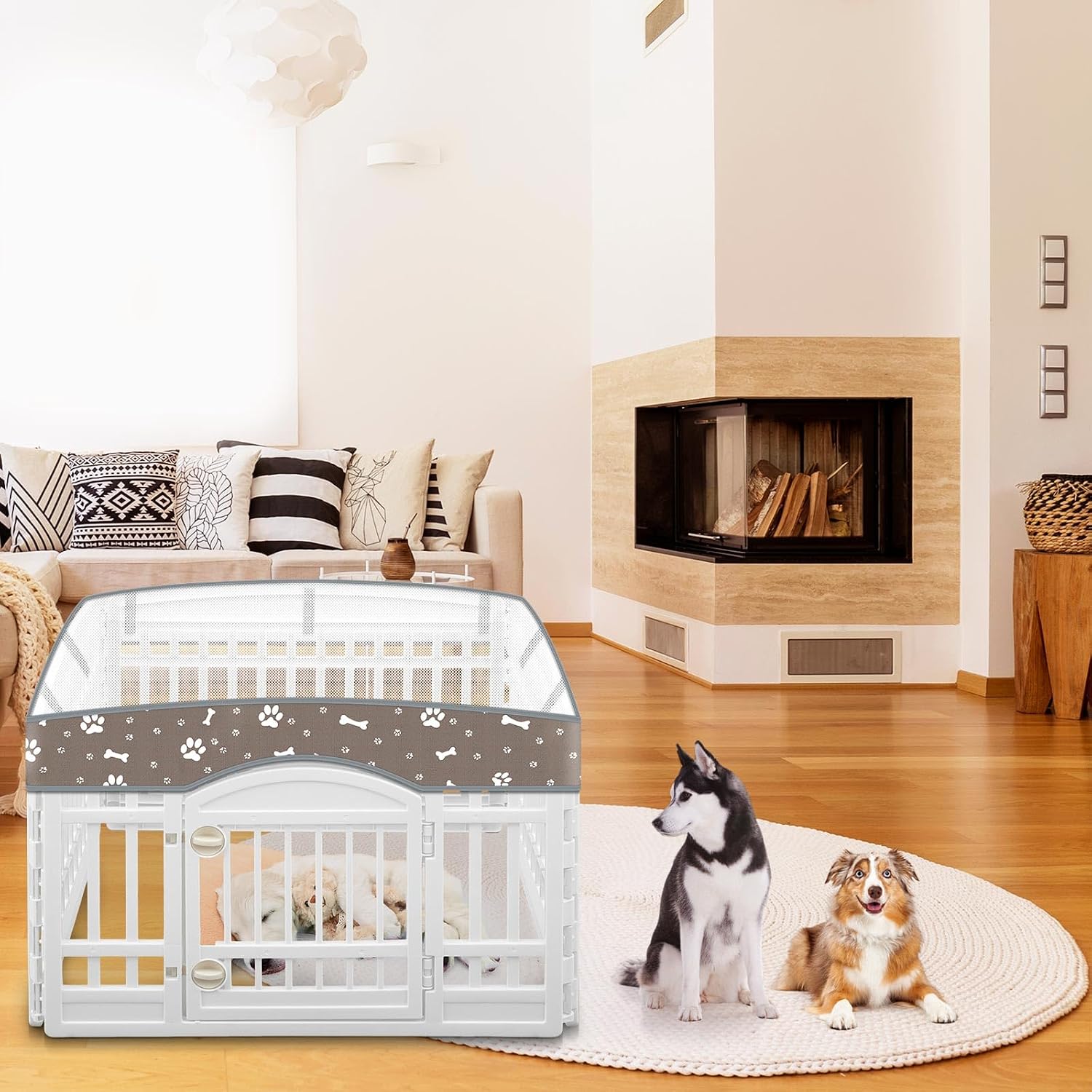 Dog Playpen Mesh Top Lid Fits for 36 Inch 4 Panels Crate Cover Regular Square Plastic Exercise Pet Pen, Breathable Pet Playpen Shade Covers for Dog Crate Pad, Cover Only, Fence Not Included(Gray)