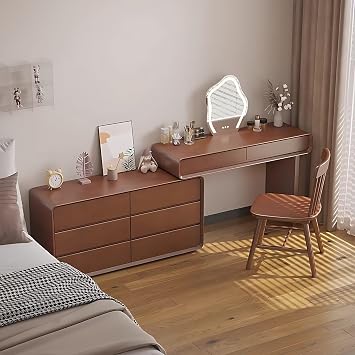 Solid Wood Makeup Vanity Desk - Luxury Vanity Set with 8 Drawers & Smart LED Lights Mirror, Modern, Large Chines Bedroom Vanity Include Chair Walnut Color,39