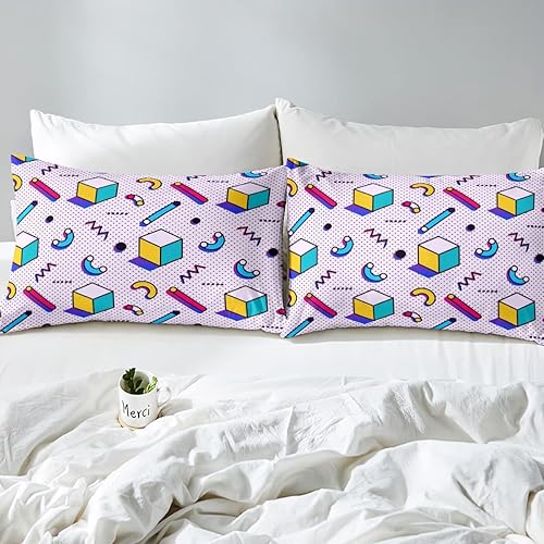 Miniatura 4 de Juego de sábanas de estilo moderno de los años 80 y 90, tamaño Queen, patrón retro de estilo Memphis con formas geométricas, sábanas para niños,