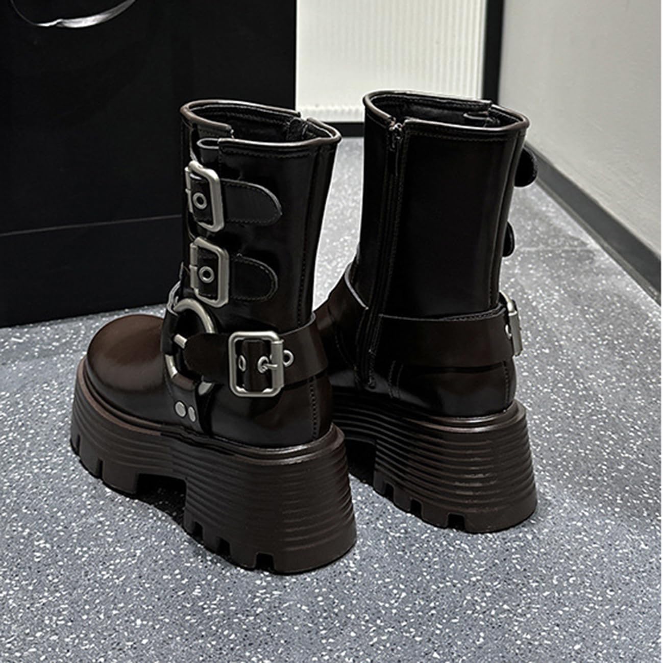 Womens Platform Ankle Boots Zip Belt Buckle Riding Boots Fashion Chunky Motorcycle Boots
