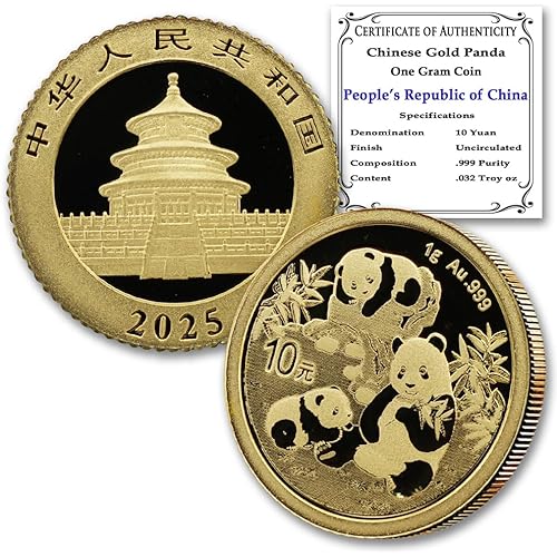 2025 1 Gram Gold Chinese Panda Coin Brilliant Uncirculated with Certificate of Authenticity 10 Yuan ¥10 BU