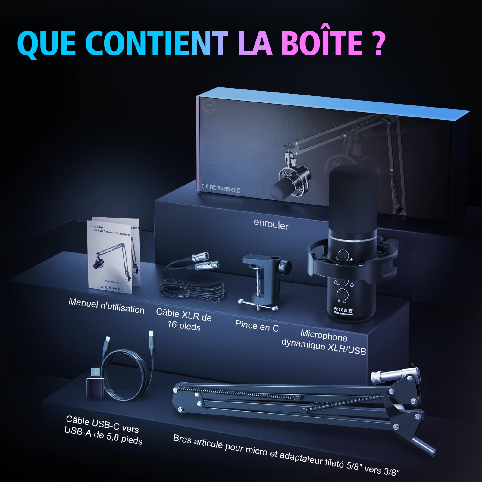 Microphone Gaming XLR/USB avec Perche, Microphone Dynamique avec Mise en Sourdine Instantanée, Contrôle du Gain et Prise Casque, Microphone RGB pour Podcast, Streaming, Enregistrement et Chant