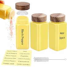 3Pcs 4 oz Square Glass Spice Jars with Label, Empty Spice Containers with Wooden Lids, Square Seasoning Containers and Supplement Set, Small Seasoning Bottles for Salt, Sugar, Pepper Yellow