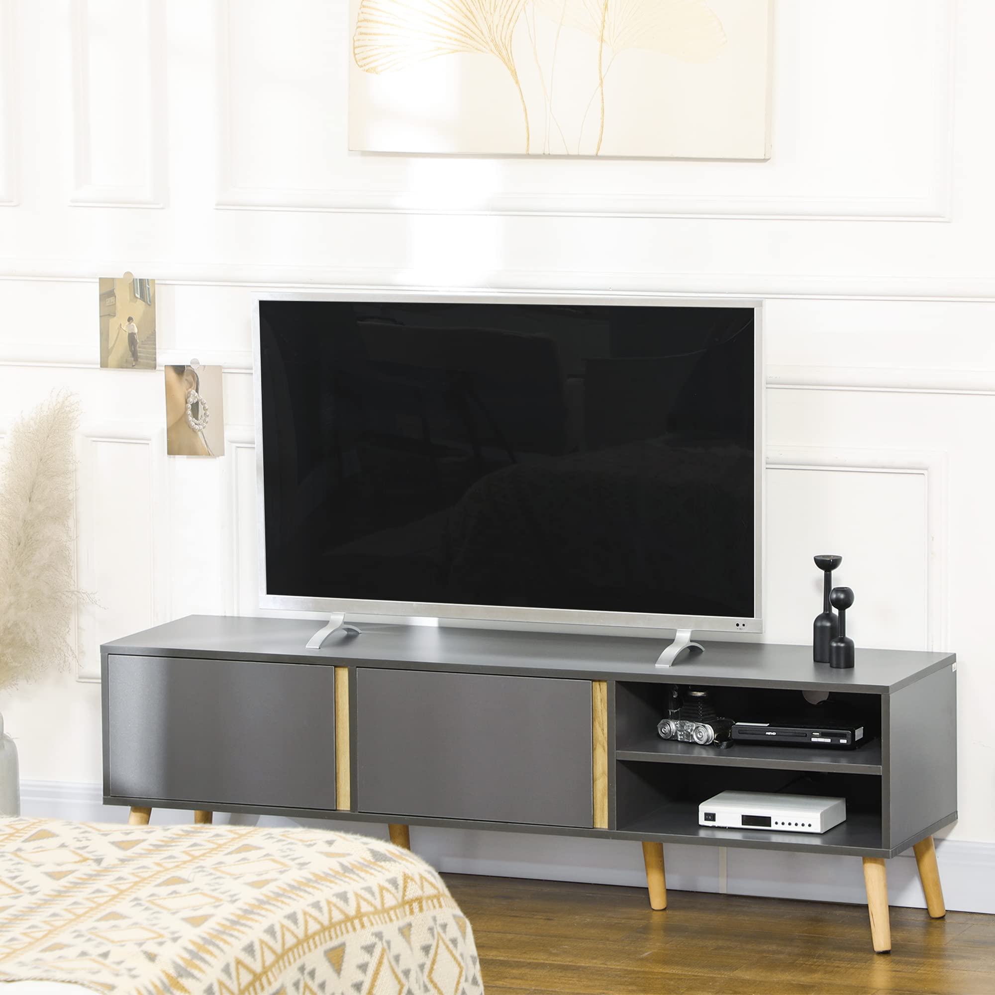HOMCOM Mobile TV Design scandinavo 55 pollici 150 x 35 x 45 cm, grigio scuro | Panca TV, 2 porte, 2 nicchie, con passacavi, per TV fino a 55 pollici