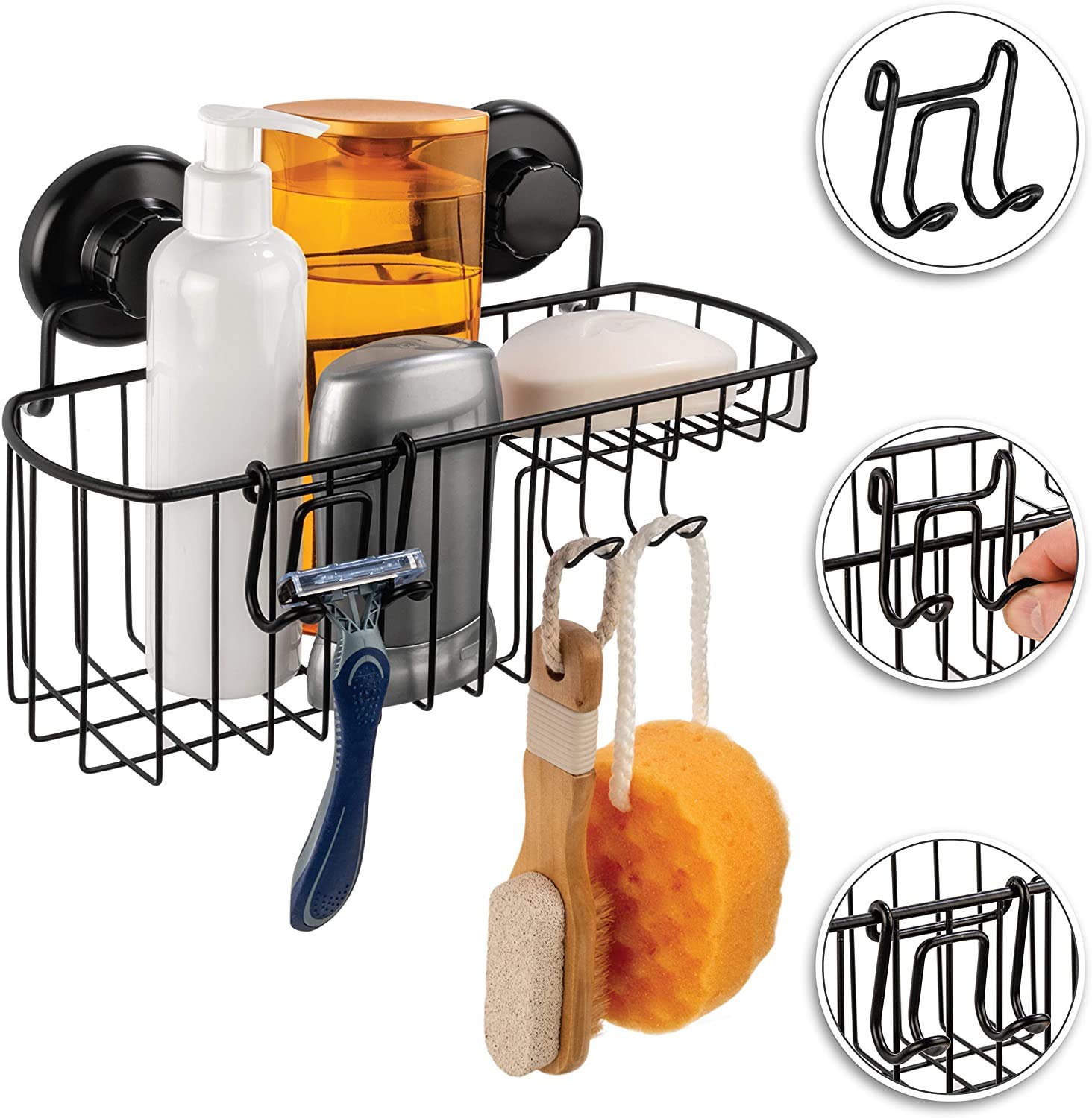 HASKO accessories Estante de ducha con ventosa, estante de baño montado en la pared con ganchos, cesta de ducha con ventosa, estante de ducha para baño, organizador de ducha con ventosa, acero