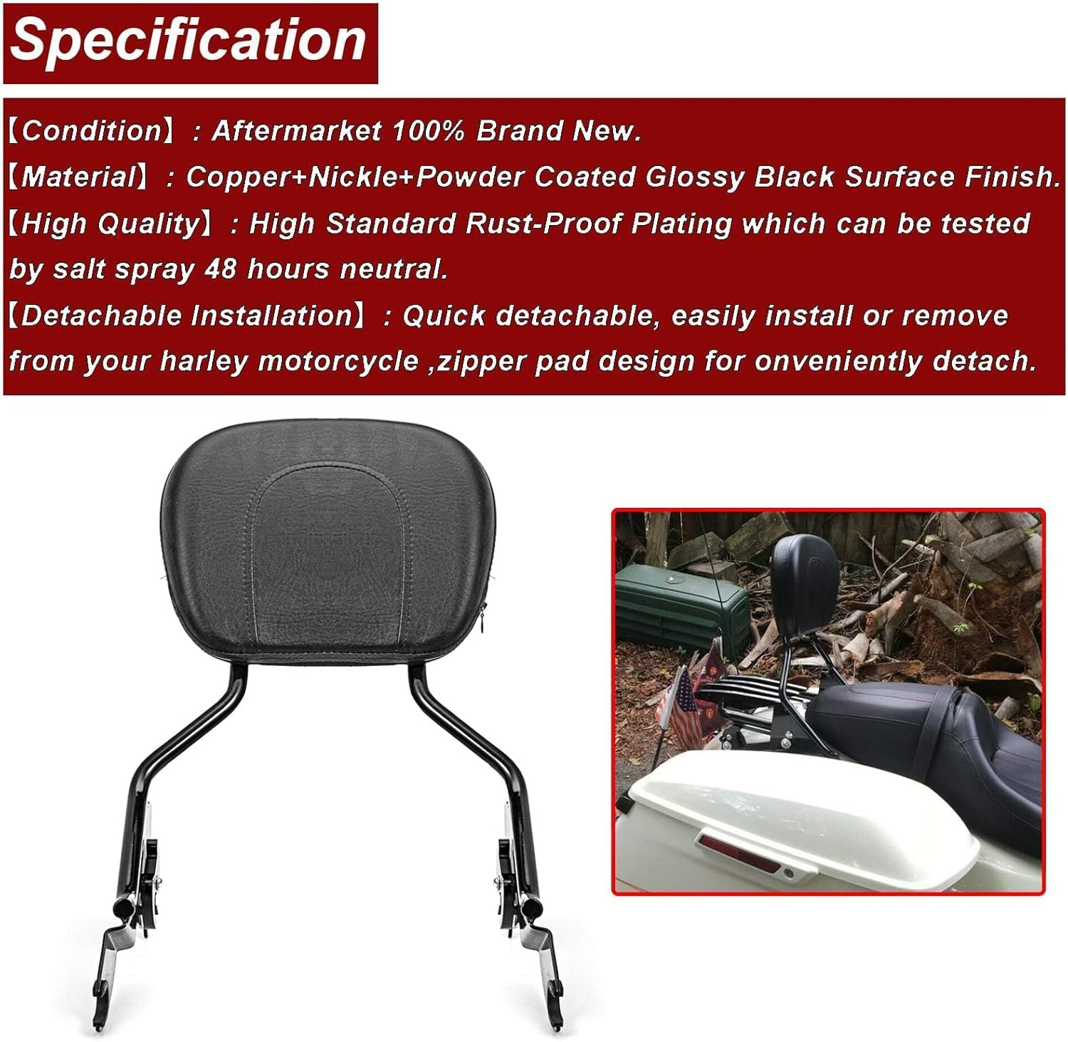 Dasen Sissy Bar with 4-Point Docking Hardware Kits, Detachable Passenger Backrest Compatible with Harley Touring Road Glide Street Glide Electra Glide Road King 2014-2024 Black