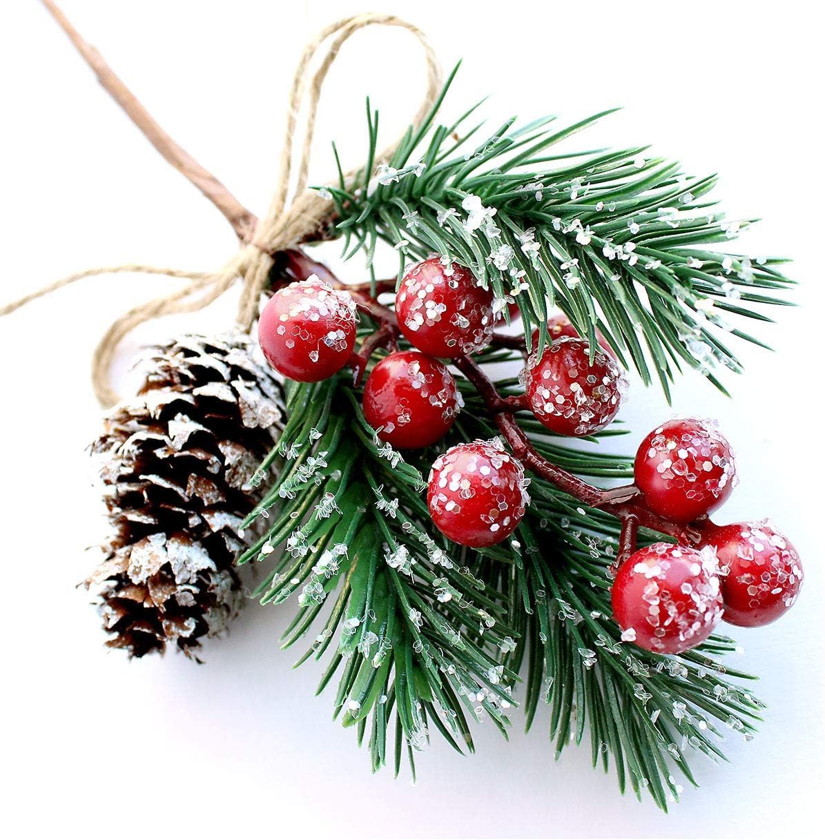 Futerly Red 10 Pcs Christmas Picks And Sprays,Artificial Holly Stem And Berry,Pine Cones And Pine Branches, Berries Christmas Decorations,Greenery Tree Picks For Birthday Wedding Decor