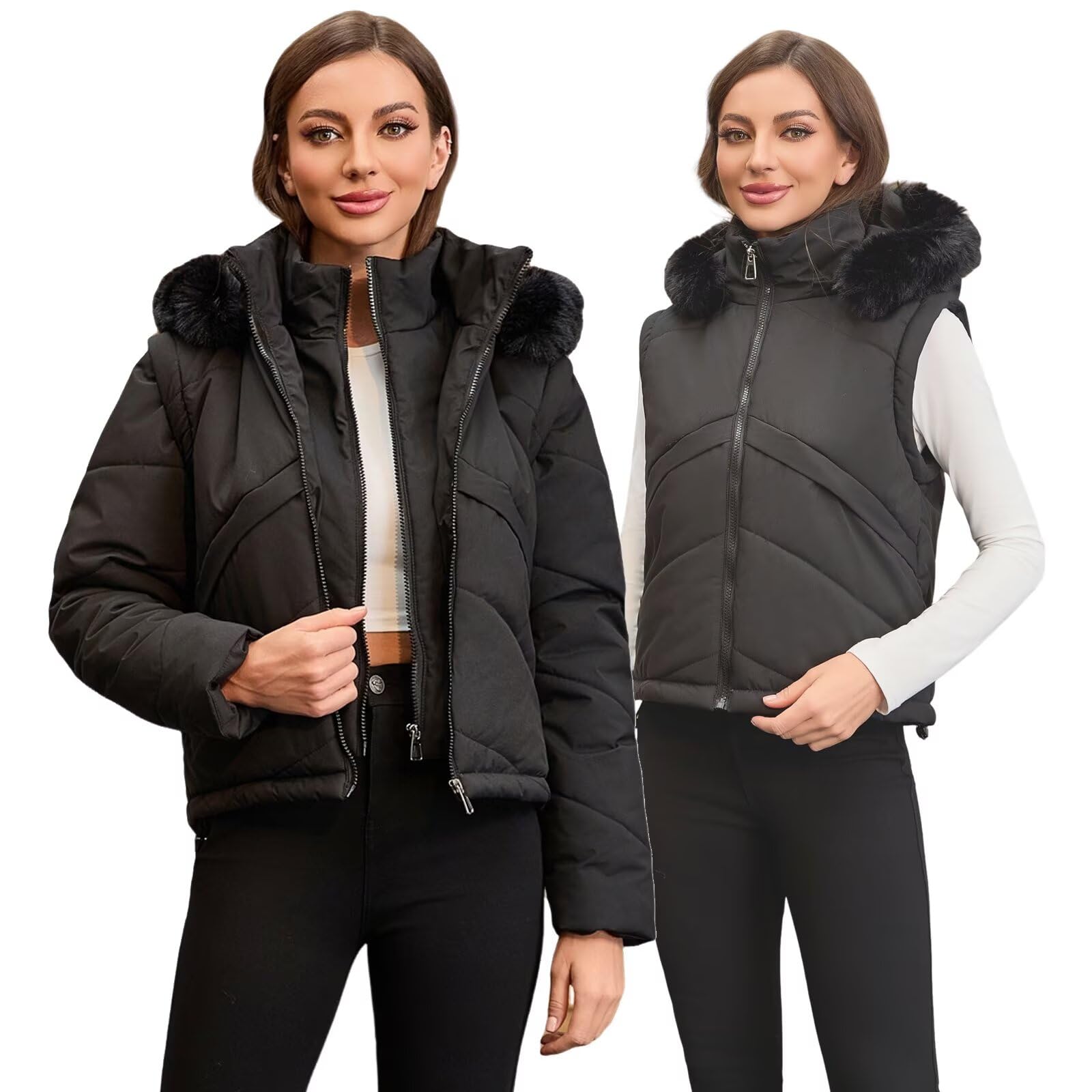 Chaquetas ligeras de invierno para mujer 2 en 1 Chaleco acolchado sin mangas corto Abrigo acolchado con capucha para mujer