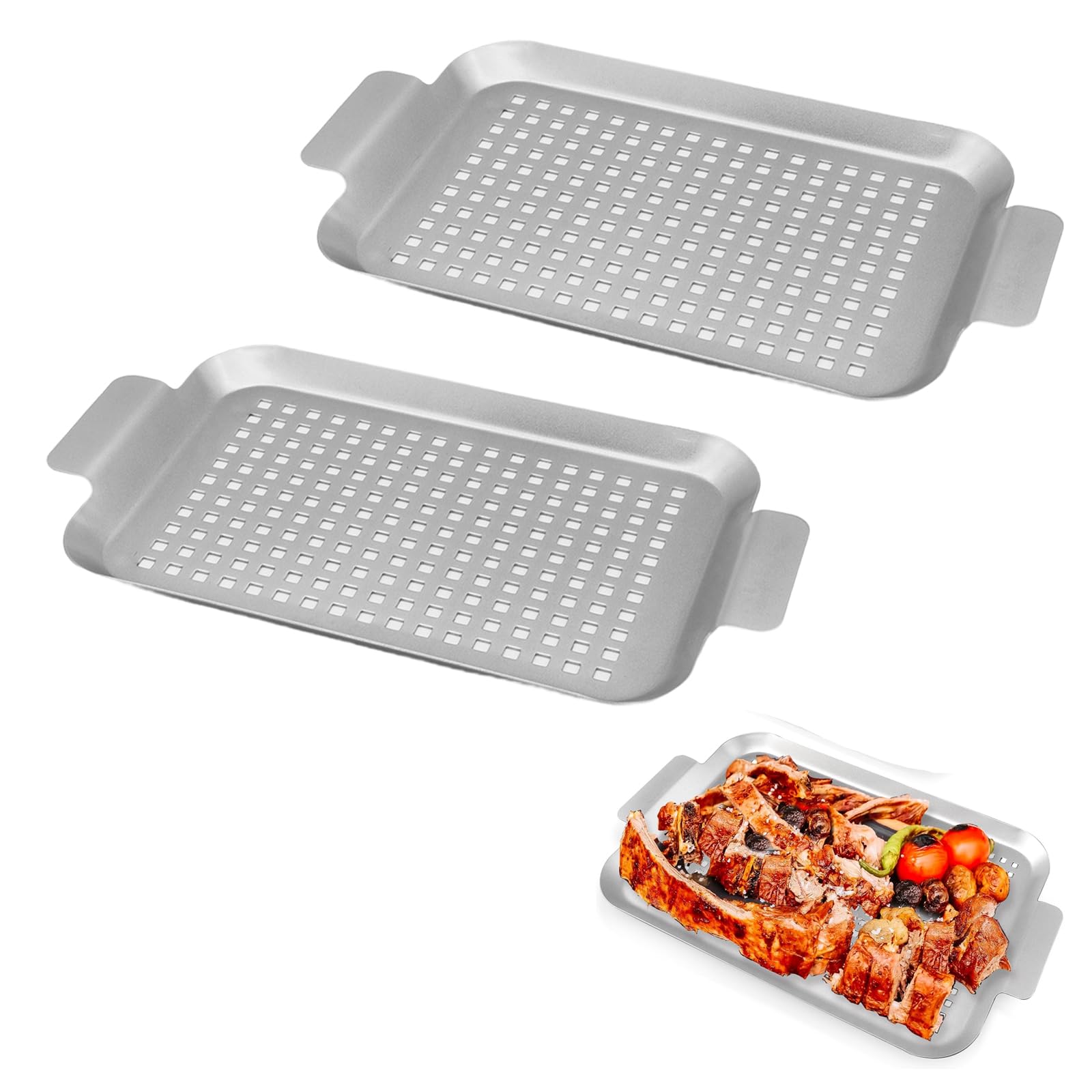 2 Piezas Bandeja para Asar, Bandeja de Grill de Acero Inoxidable con Agujeros, Plancha de Asarpara Acampar con Barbacoa al Aire Libre, 33x19 cm, Cesta para Parrilla de Verduras