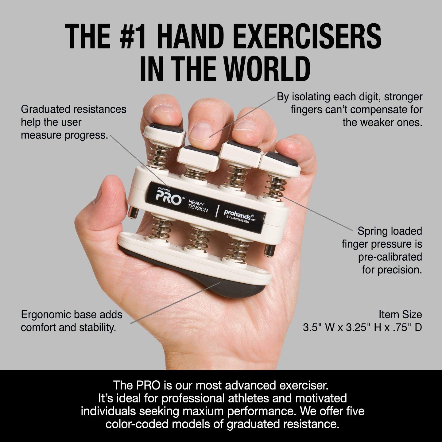 PROHANDS PRO - Ejercitador de mano, ejercitador de dedos (fortalecedor de agarre de mano), con resorte, sistema de pistón de dedo, aísla y ejercita cada dedo, (juego de 5) (azul, rojo, negro, gris,