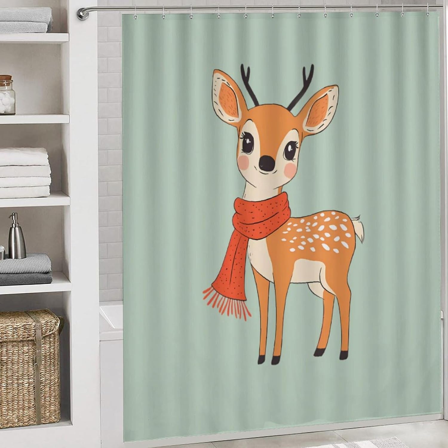 Cute Deer Wearing Scarf Modern Bathroom Sets with Shower Curtain and Rugs Decor 4 Pcs with 12 Hooks