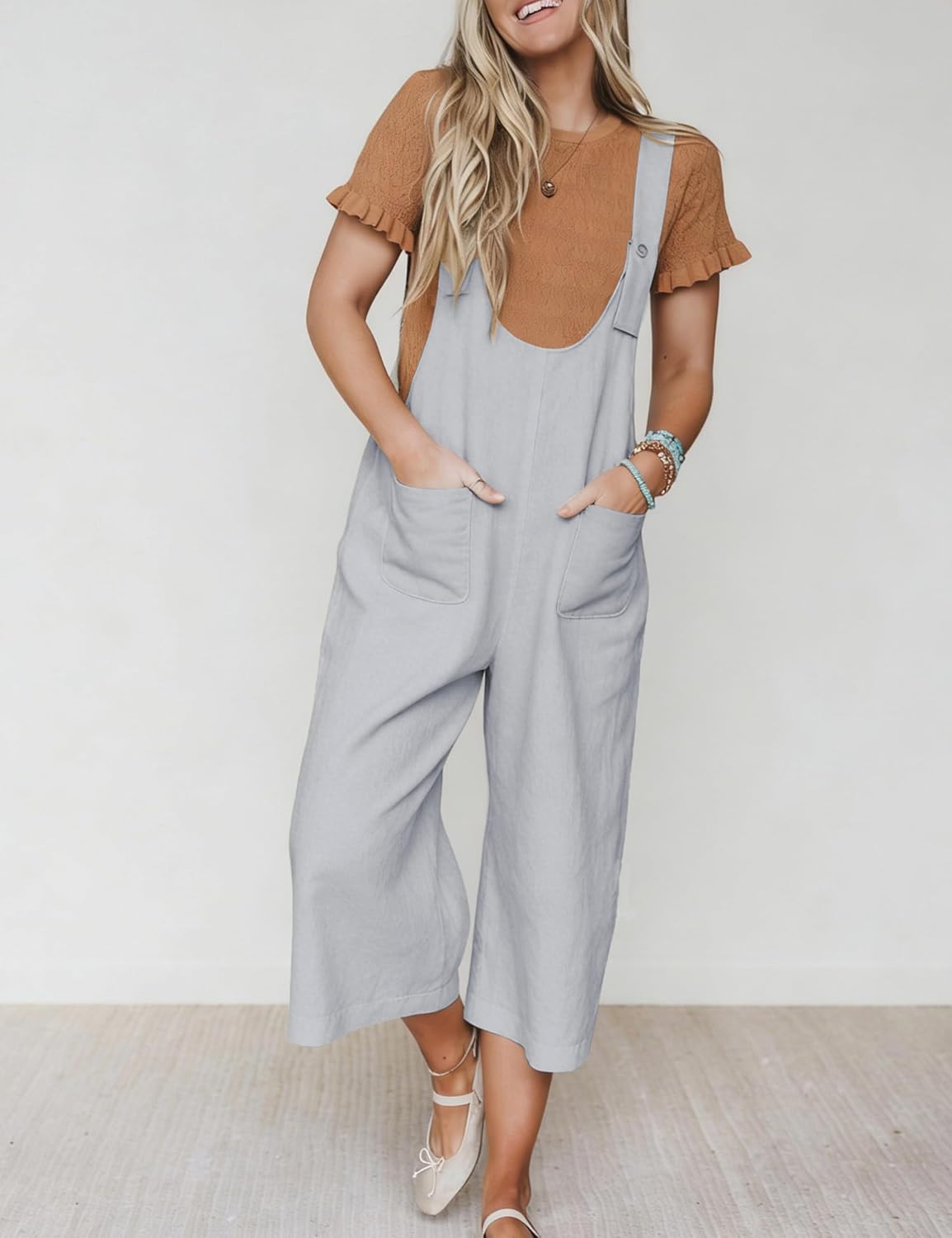 Yeokou Womens Jumpsuit Cotton U Neck Capri Pants Casual Summer Overalls Cropped Wide Leg Jumpsuits with Pockets