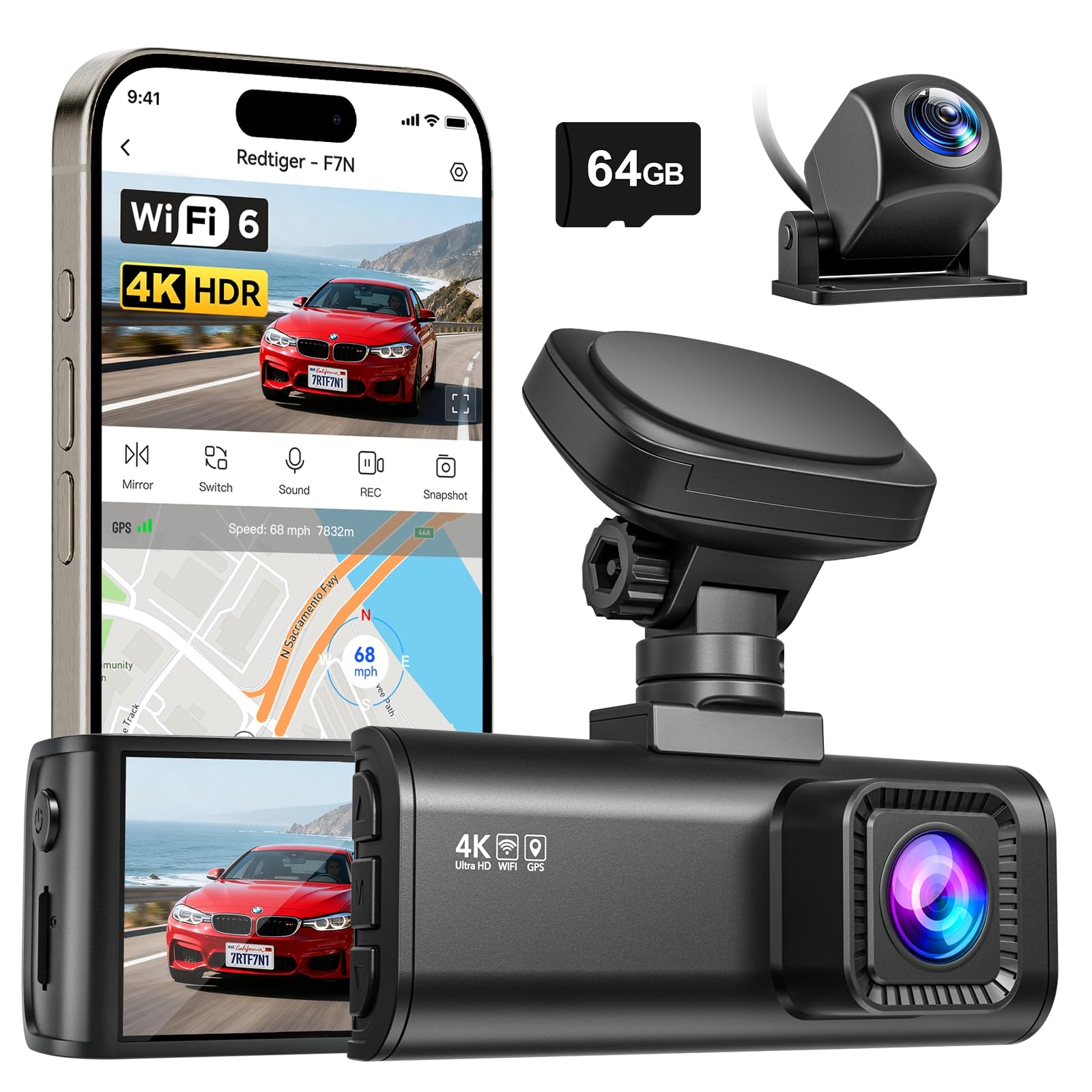 REDTIGER F7N Dash Cam 4K Front and Rear 1080P, 5.8GHz WiFi-20 MB/s Fast Transfer, 2160P/FHD Car Dash Camera with 64GB Card, 3.18" Screen, Smart App Control, Precise GPS, Night Vision, 24H Parking Mode