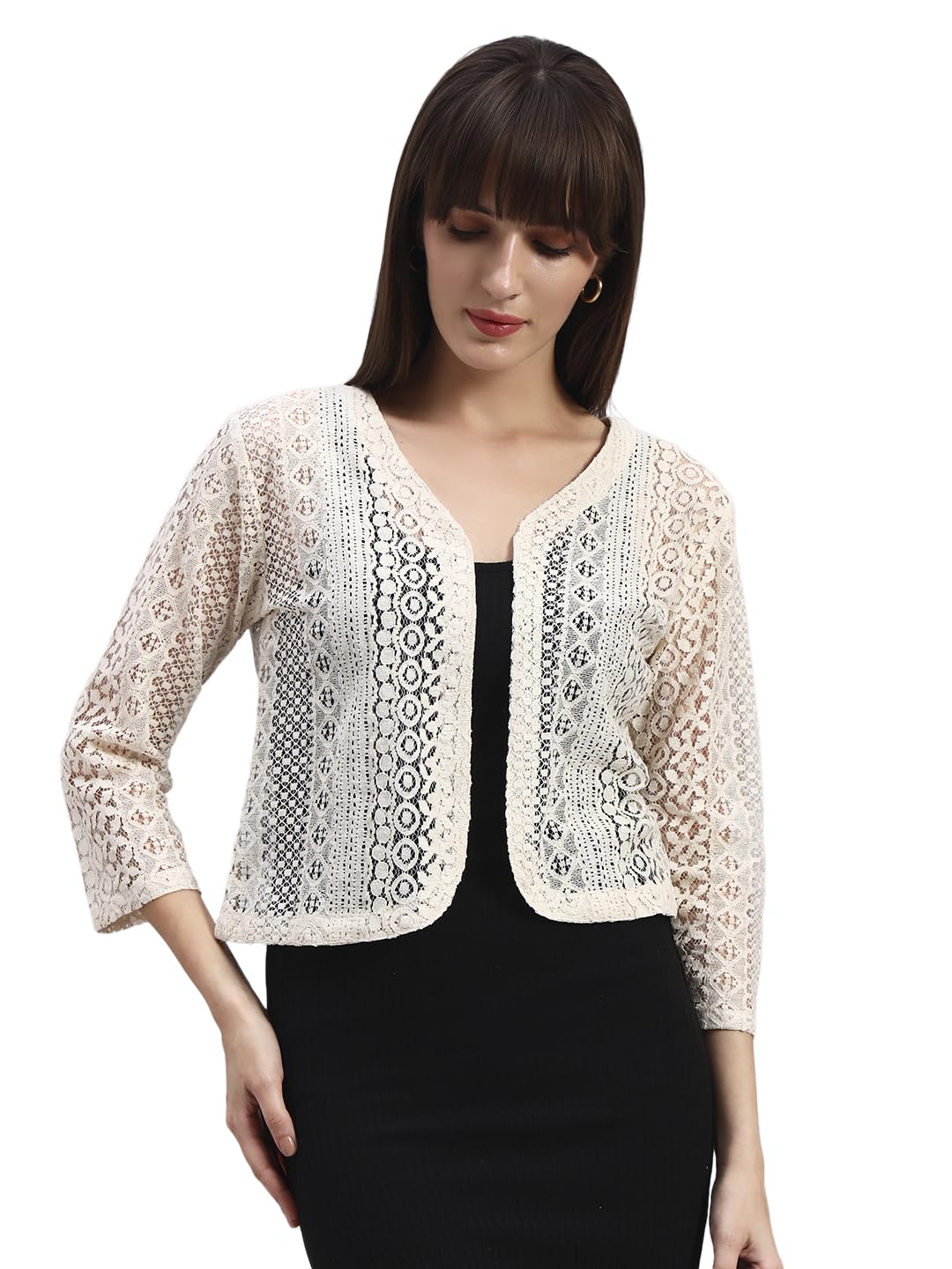 Women’s Lace Cotton Shrug | 3/4th Sleeve Self-Design Jacket Style-image-18