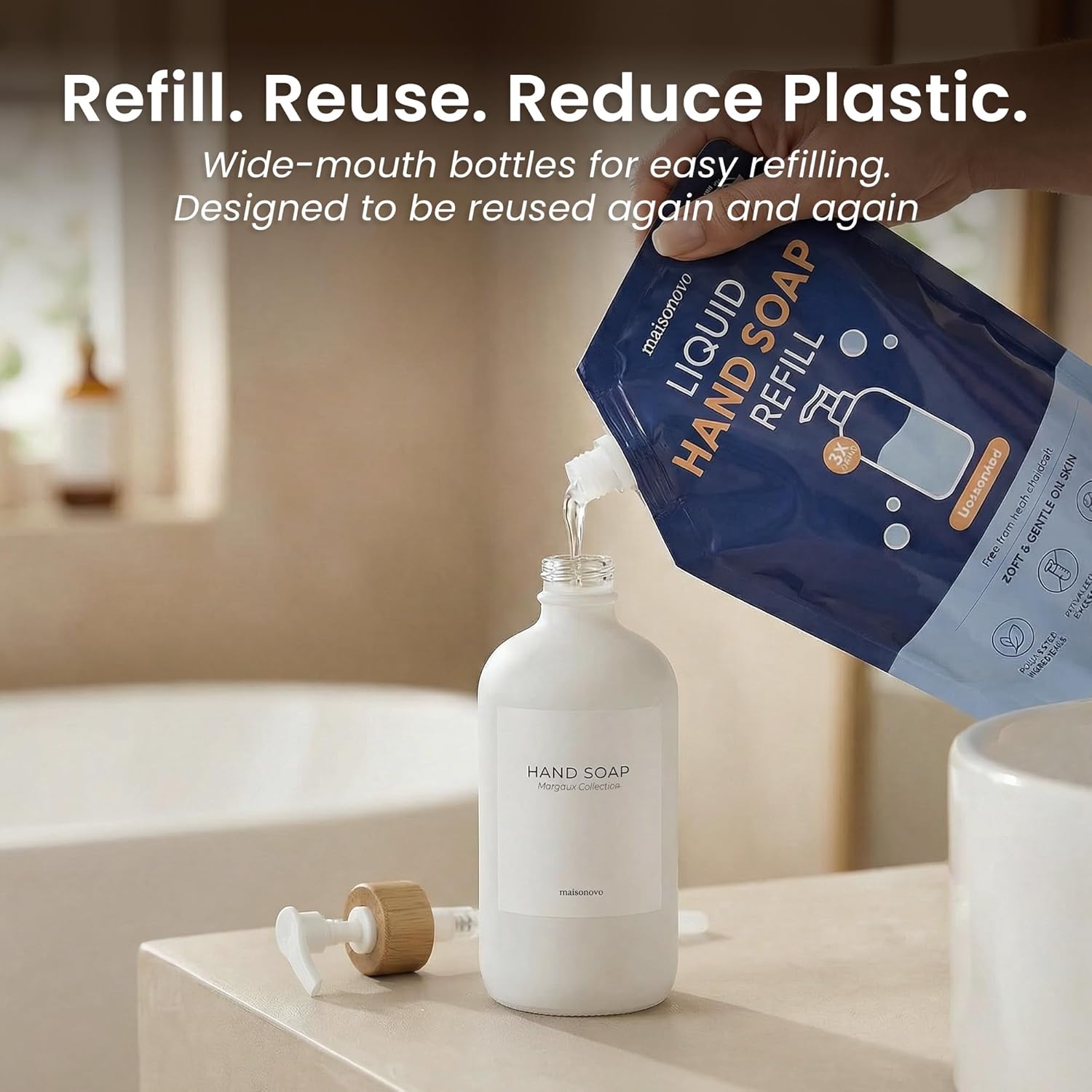 MaisoNovo Glass Soap Dispenser Bathroom Set of 2-16.9 oz Bathroom Soap Dispenser Set - White Glass Bottles x 2 with White Bamboo Pumps & Tray - Image 7