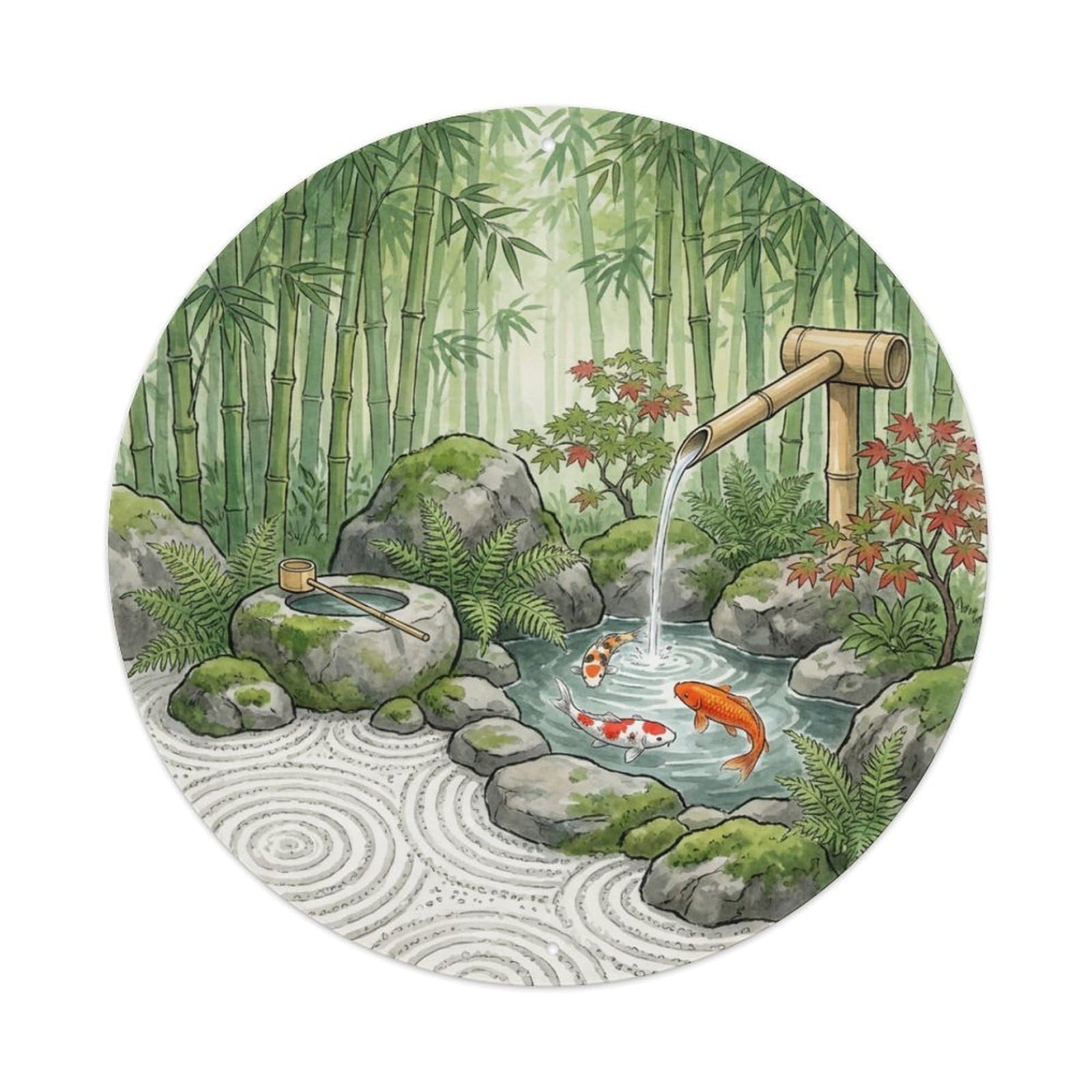 Galvaxio Style Japanese Koi Fish Bamboo Water Fountain Flow Metal Tin Sign
