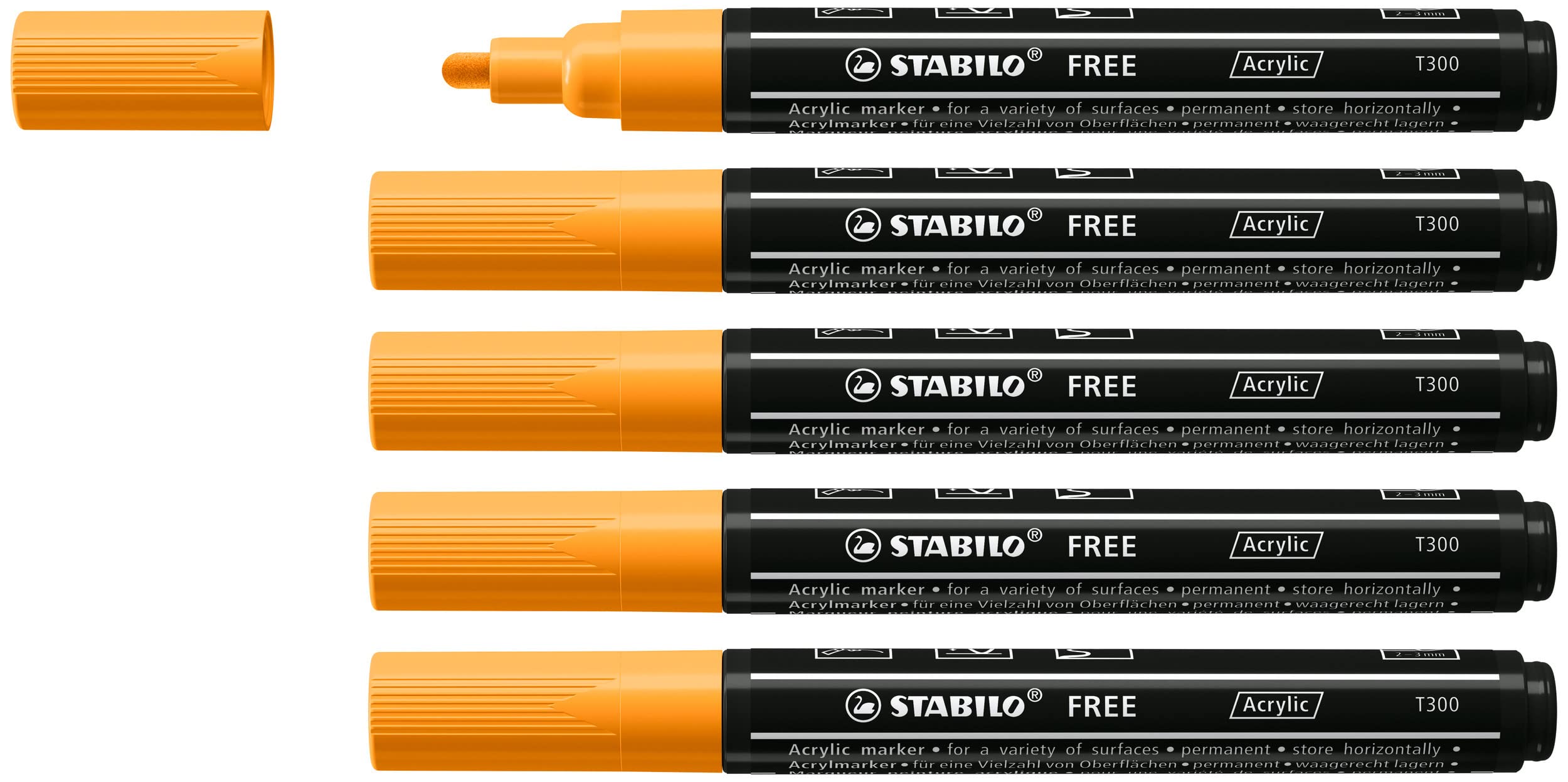 STABILO FREE - Acrylic Marker - ARTY - T300 Round Tip 2-3mm - Pack of 5 - Orange, 1 count (Pack of 5)