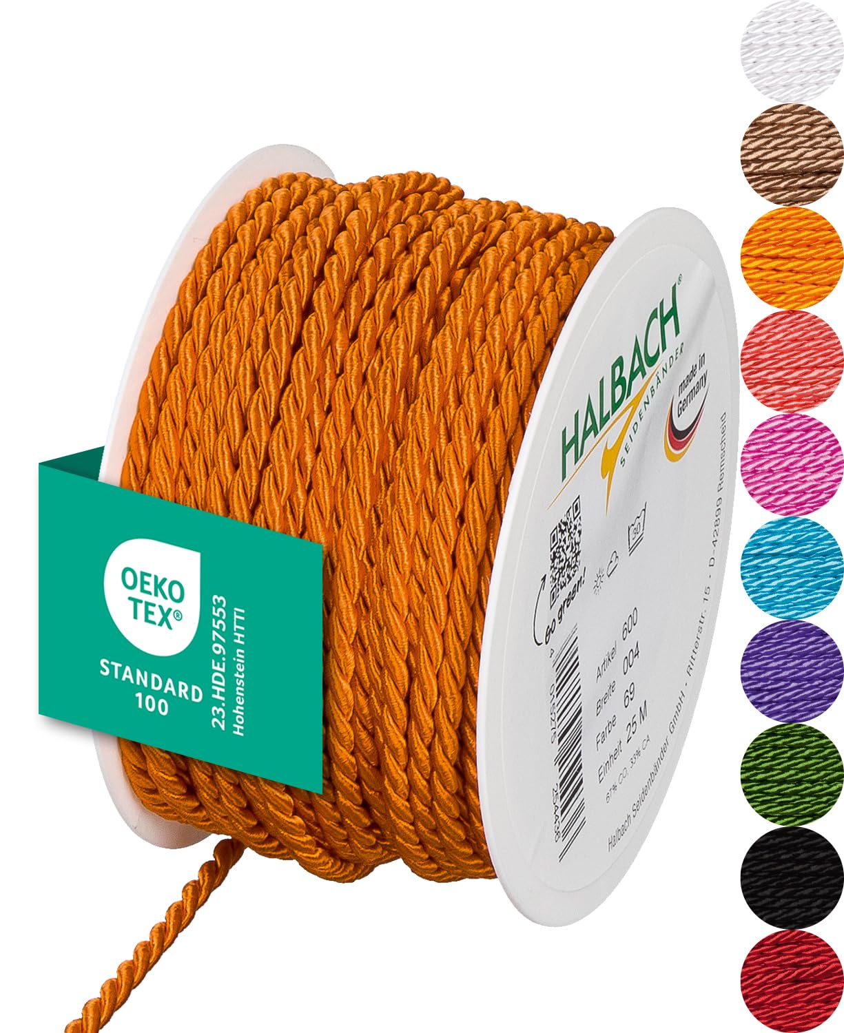 Halbach Seidenbänder Premium Kordel (dunkelorange) | Breite 4mm Länge 25m | Made in Germany & Öko-Tex Zertifiziert | glänzende Satinkordel aus Acetat