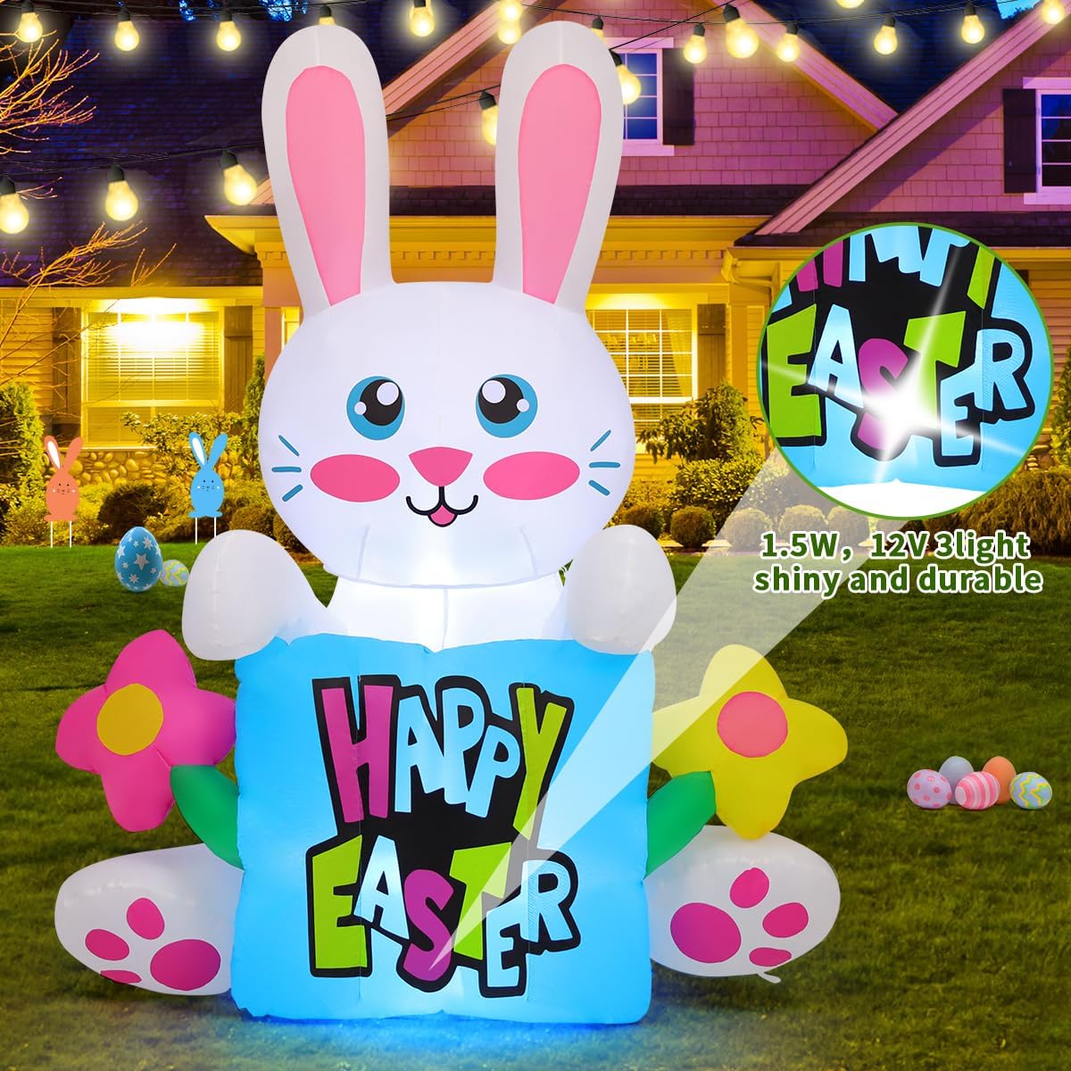 COMIN 5.2 FT Easter Blow Up Yard Decorations, Inflatable Easter Bunny Outdoor with Built-in LEDs for Indoor Party Garden Lawn Decor