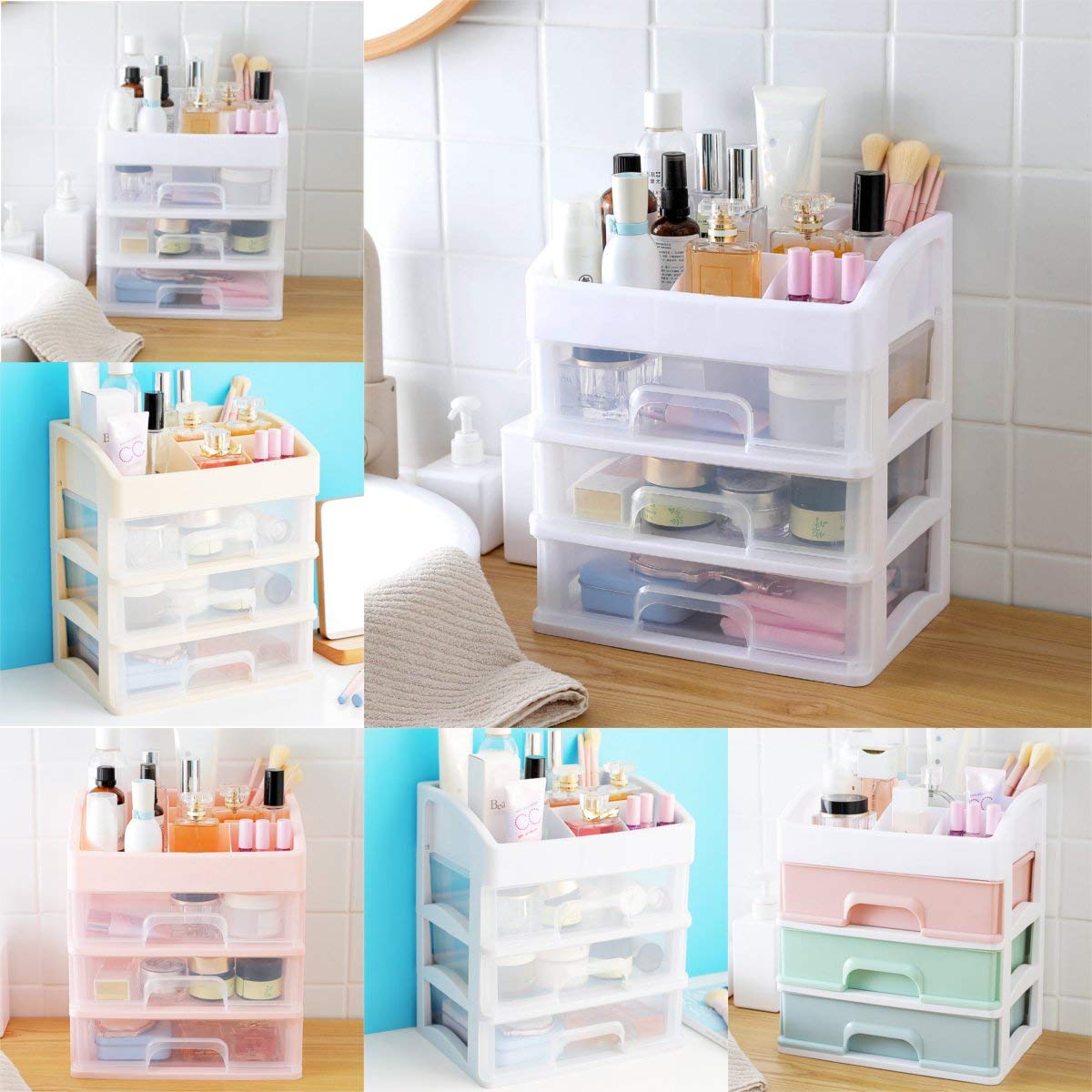 CCChaRLes 3 Capas De Almacenamiento Caja Pp Mesa Ordenada Organizador Cajones Caja Maquillaje Pantalla Titular - Azul Claro