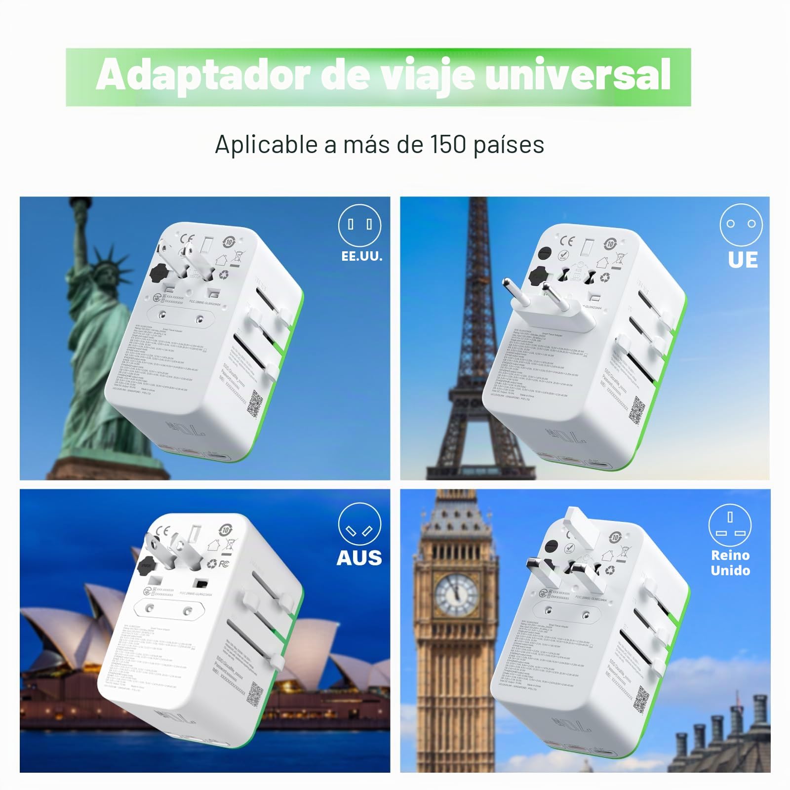 GlocalMe RoamPlug Adaptador Enchufe Universal, Hotspot Móvil 4G WiFi con 8GB de Datos Locales, Adaptador Todo en Uno Internacional con 4 Puertos USB y Salida Máxima de 70W, Viaja a la UE, UK y AUS