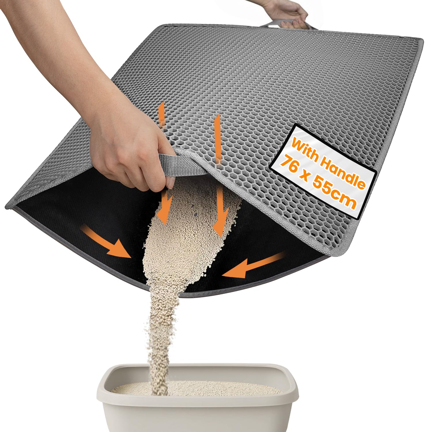 Conlun Tappetino per Lettiera con Manici, XXL 76x55 cm Assorbe Pipì & Blocca Granuli - Doppio Strato a Nido d'Ape, Antiscivolo, Pulizia Rapida (Grigio)
