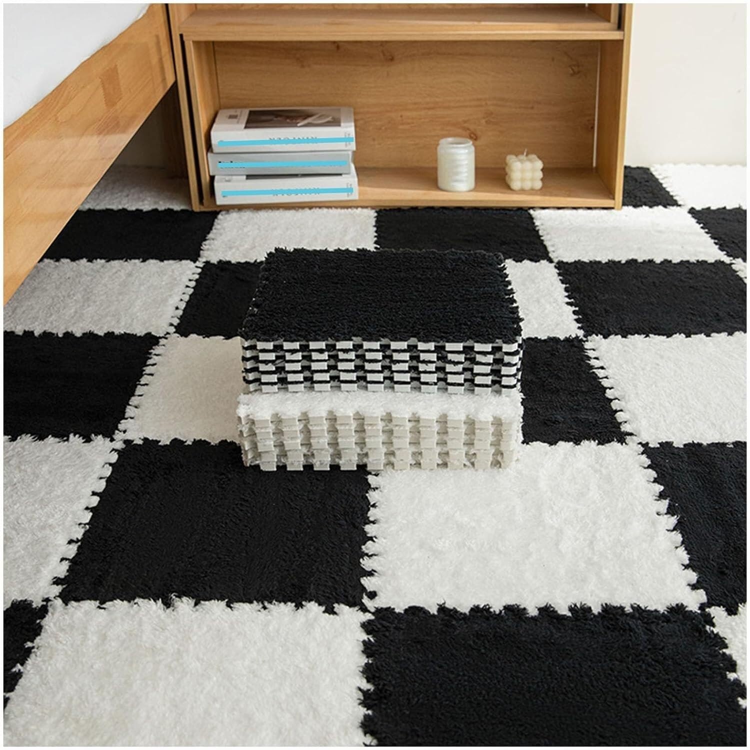 LoiYtrd 10pcs Plush Foam Interlocking Floor Mat DIY Cuttable Foam Mat Tiles 30x30x1cm Fuzzy Carpet Tiles(White+Black)