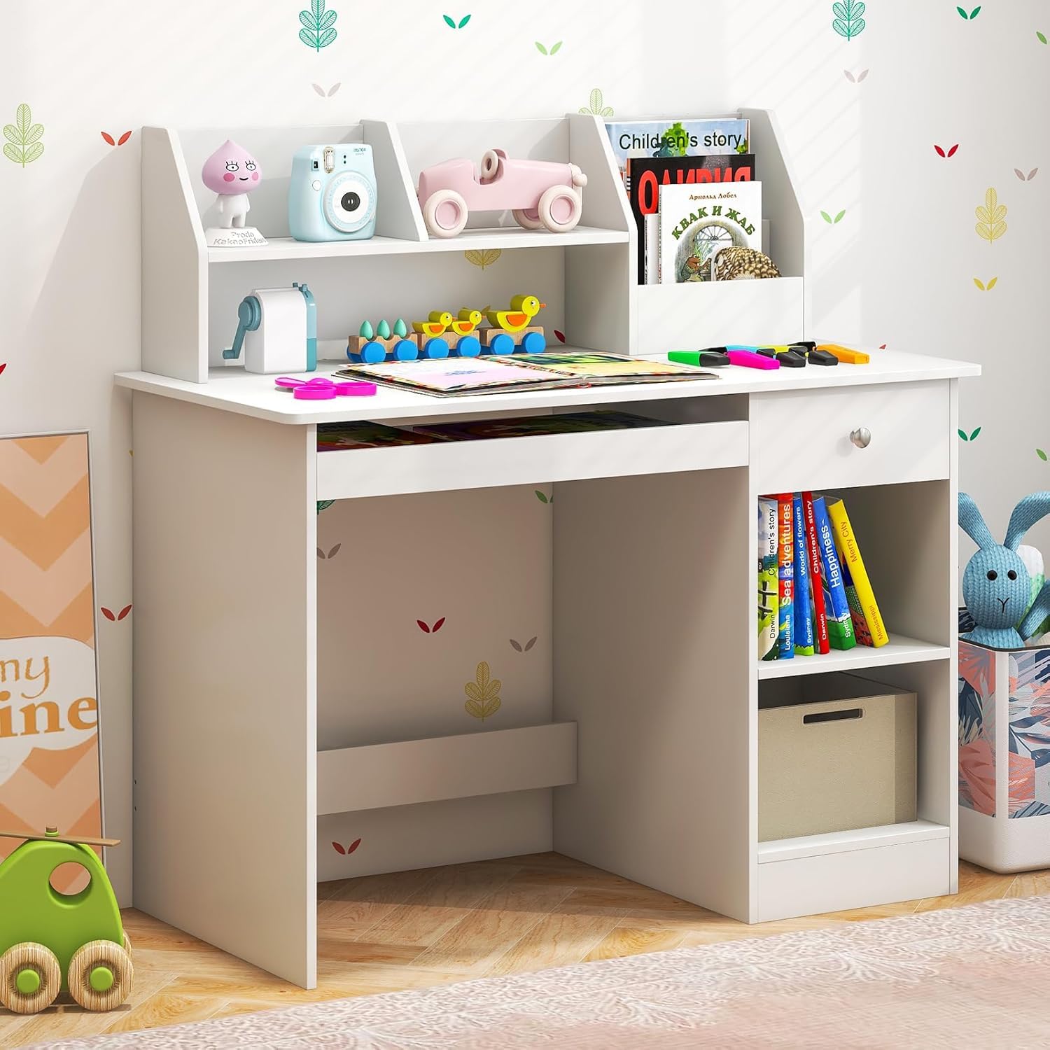 GOPLUS Bureau Enfant Fille Garcon, 3 en 1 Bureau Enfant avec Rangement, avec 1 Tiroir 2 Étagères, Table Enfant en Bois avec Plateau à Clavier, 90X45X90CM (Blanc)