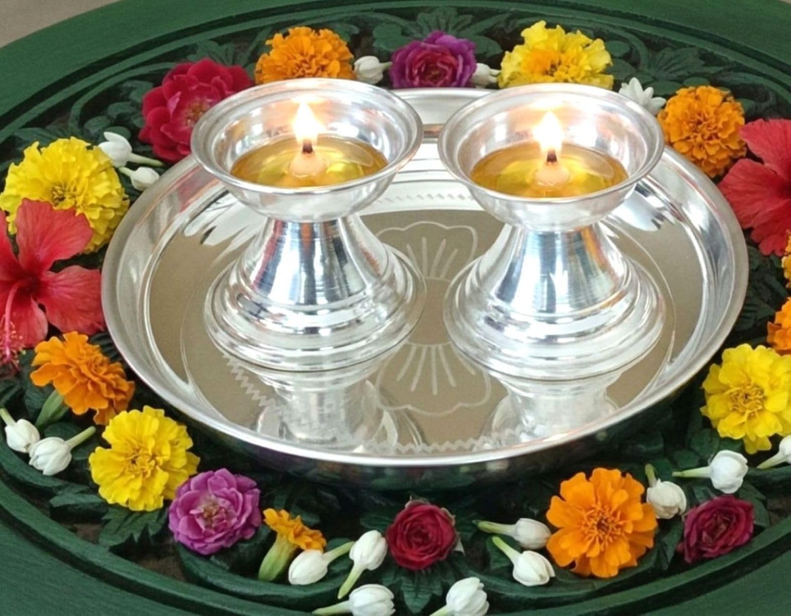 Diya Set, Premium Neelanjan Set/Nilaanjan Aarti Set with Plate/Thali, Medium Size 2 * 2 * 2 Inch Diya & 5.5 inch Thali, Silver Plated Diya & Plate by SujArta-image-43