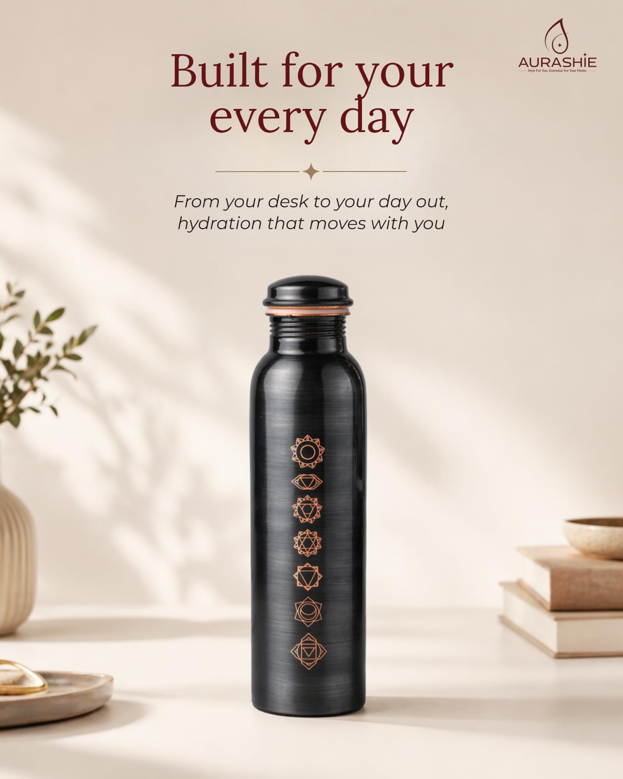 Pure Copper Water Bottle - 1L with Chakra Design -10
