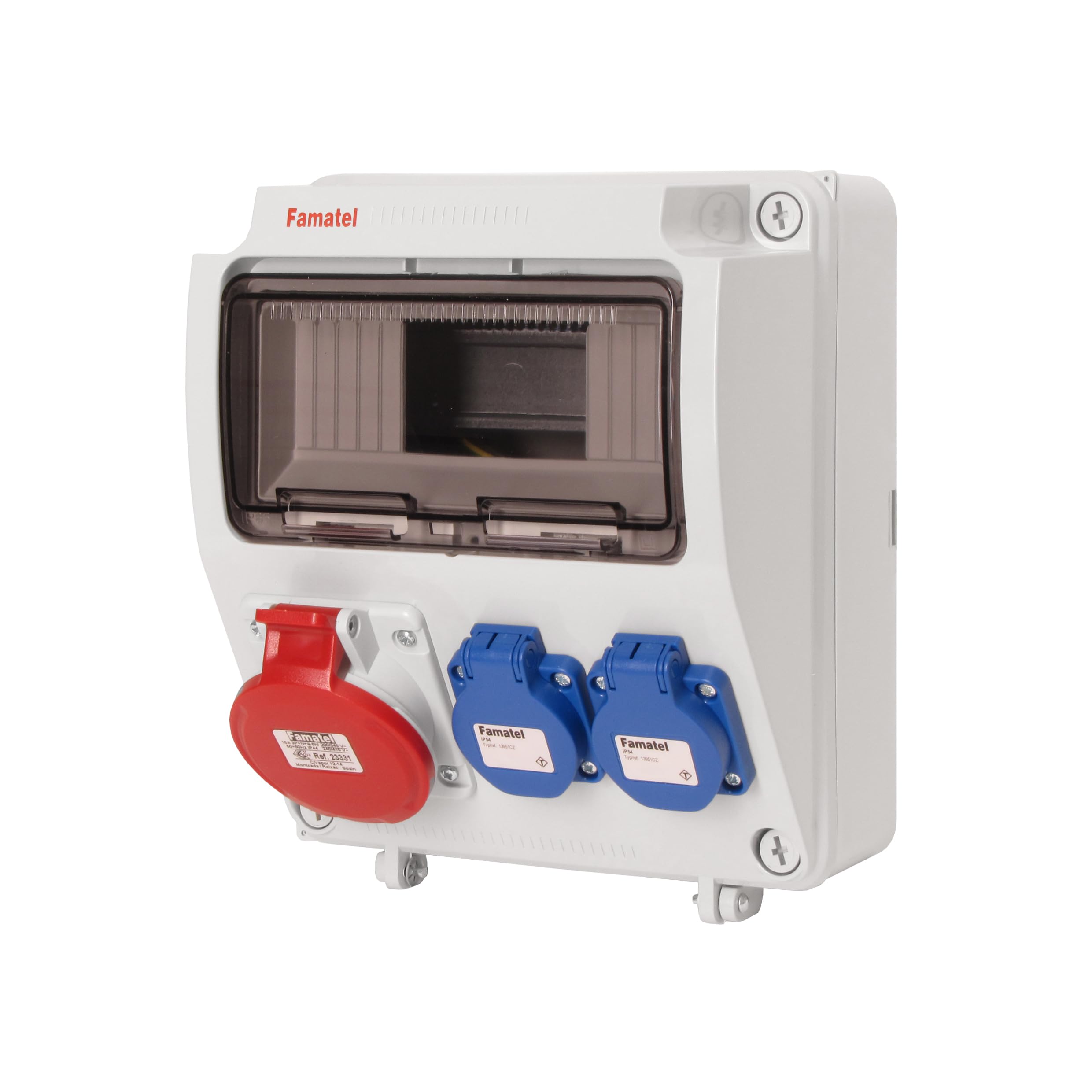 FAMATEL – Caja industrial IP44 | 4 tomas | 2P+​TTL | 16A | 250V | Azul, Blanco