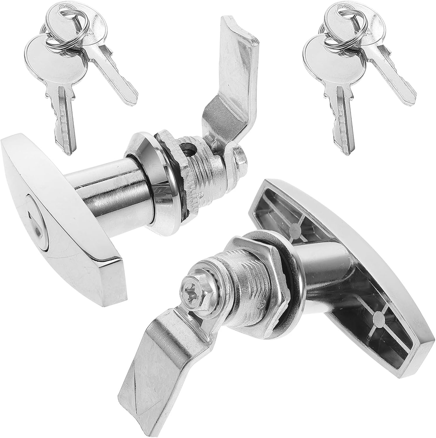 Healeved T-Handle Cam Lock for Rv Cabinet and Tool Box Zinc Alloy Camper Door Replacement Lock 2pcs with Keys Silver for Storage Doors and Utility Trailers