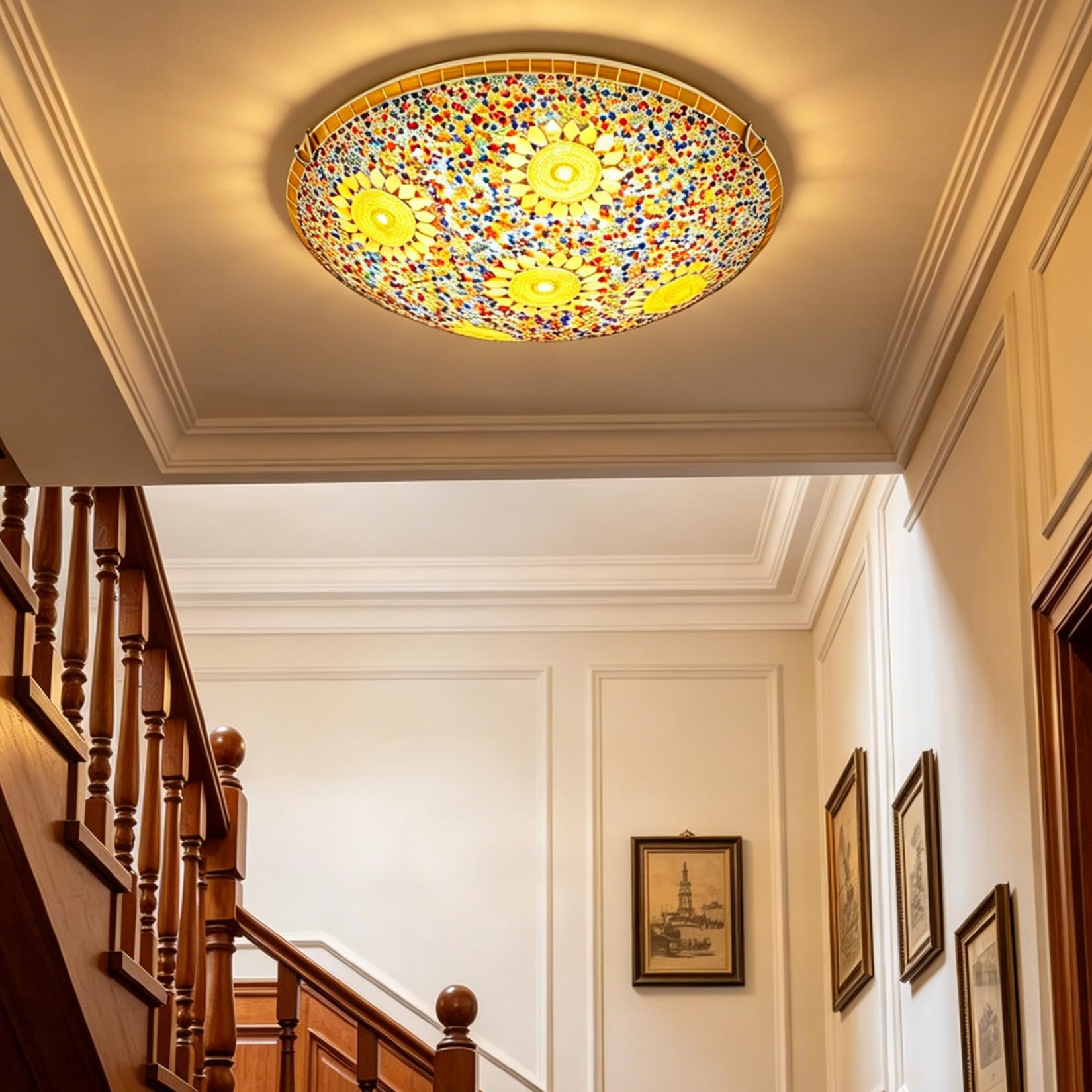 Turkish Sunflower Ceiling Light, Tiffany Style Flush Mount Ceiling Lamp Handmade Mosaic Yellow Stained Glass Ceiling Fixture for Bedroom, Hallway, Kitchen, Dining Room Cafe Bar, E26/E27,12inch