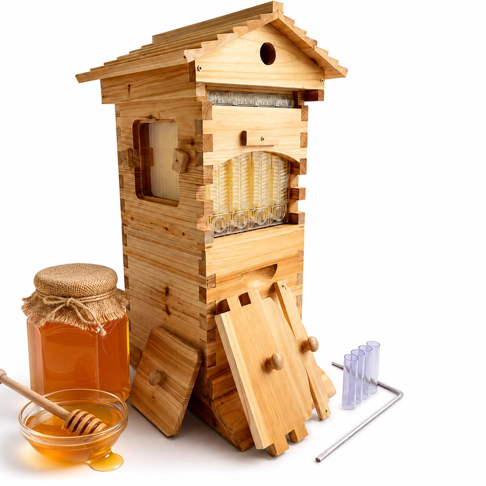 Kit de Inicio de Colmena y Flow Hive, Caja de Abejas de Madera de Auto Cosecha, 4 Cuadros Flow, Ventana de Observación, Grifo de Miel, para Principiantes y Profesionales