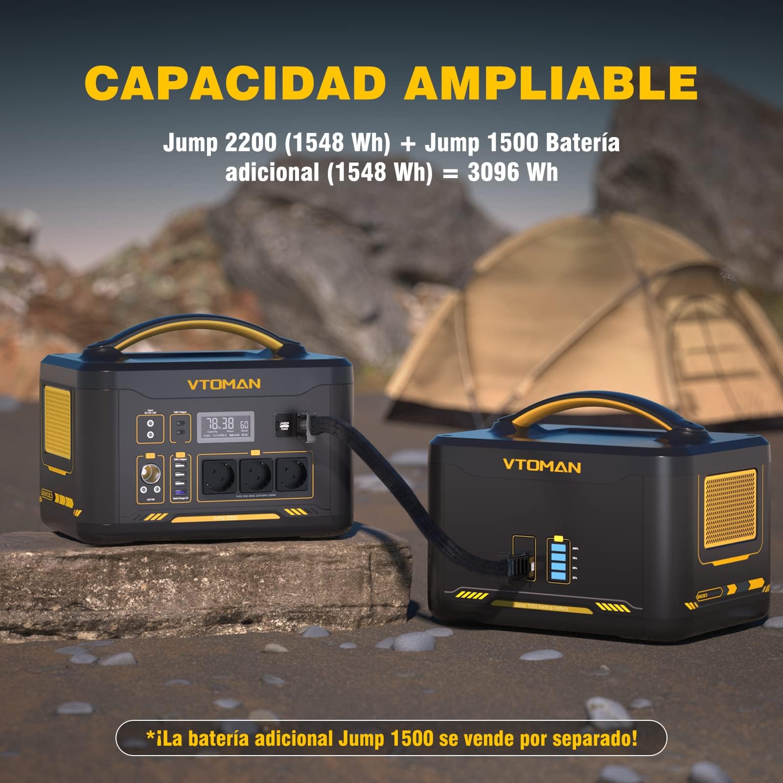 VTOMAN Jump 2200 Estación de Energía Portátil, 2200W 1548Wh Generador Solar con LFP Batería, 3 Salidas CC de y 3 CA de 2200W (Pico 4400W), Capacidad Ampliable a 3096Wh para Acampadas y Emergencias