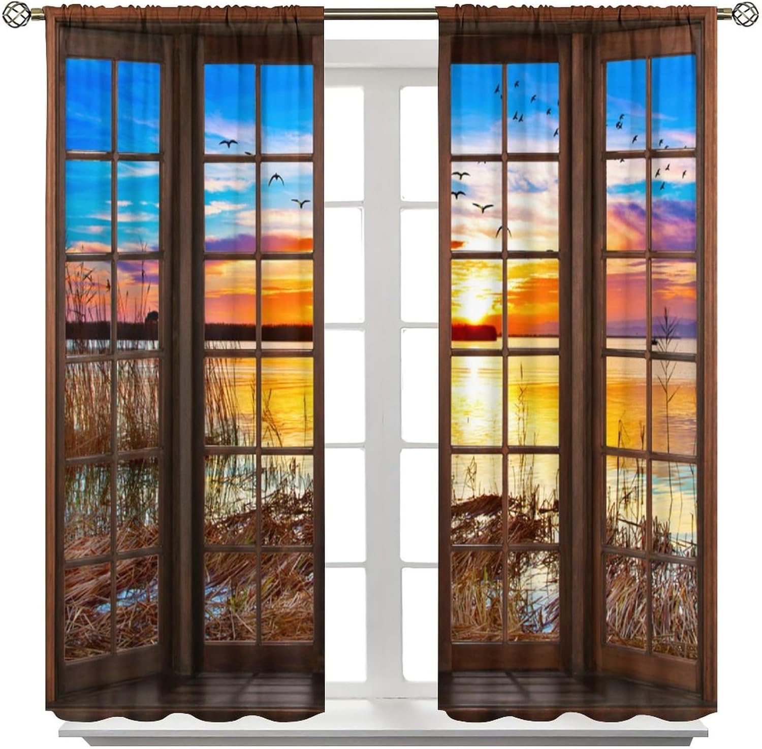 Lake View Curtains,Autumn Scenery Mountain Waterfalls Landscape Countryside Rustic Farmhouse Sunset Birds Rod Pocket Soundproof Window Curtains for Bedroom Living Room 2 Panel 42x45 Inch