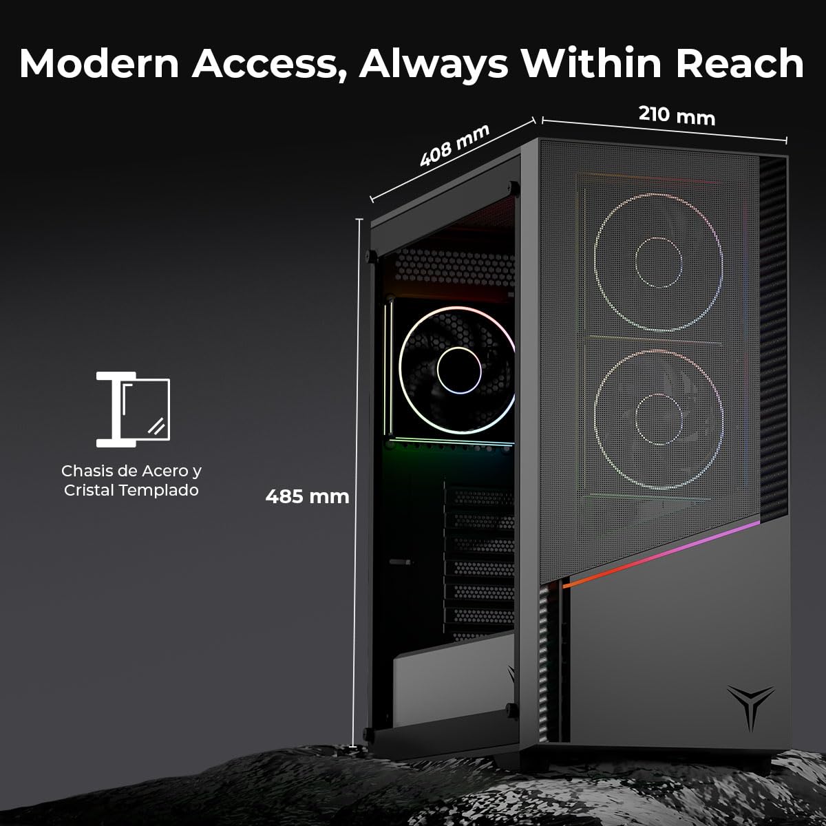 YEYIAN Chasis PC Caja Gamer Elara Mid-Tower, Compatible con ATX/M-ATX/ITX, Panel de Cristal Templado, 4 Ventiladores Incluidos RGB (3 Frontal y 1 Trasero), Color Negro