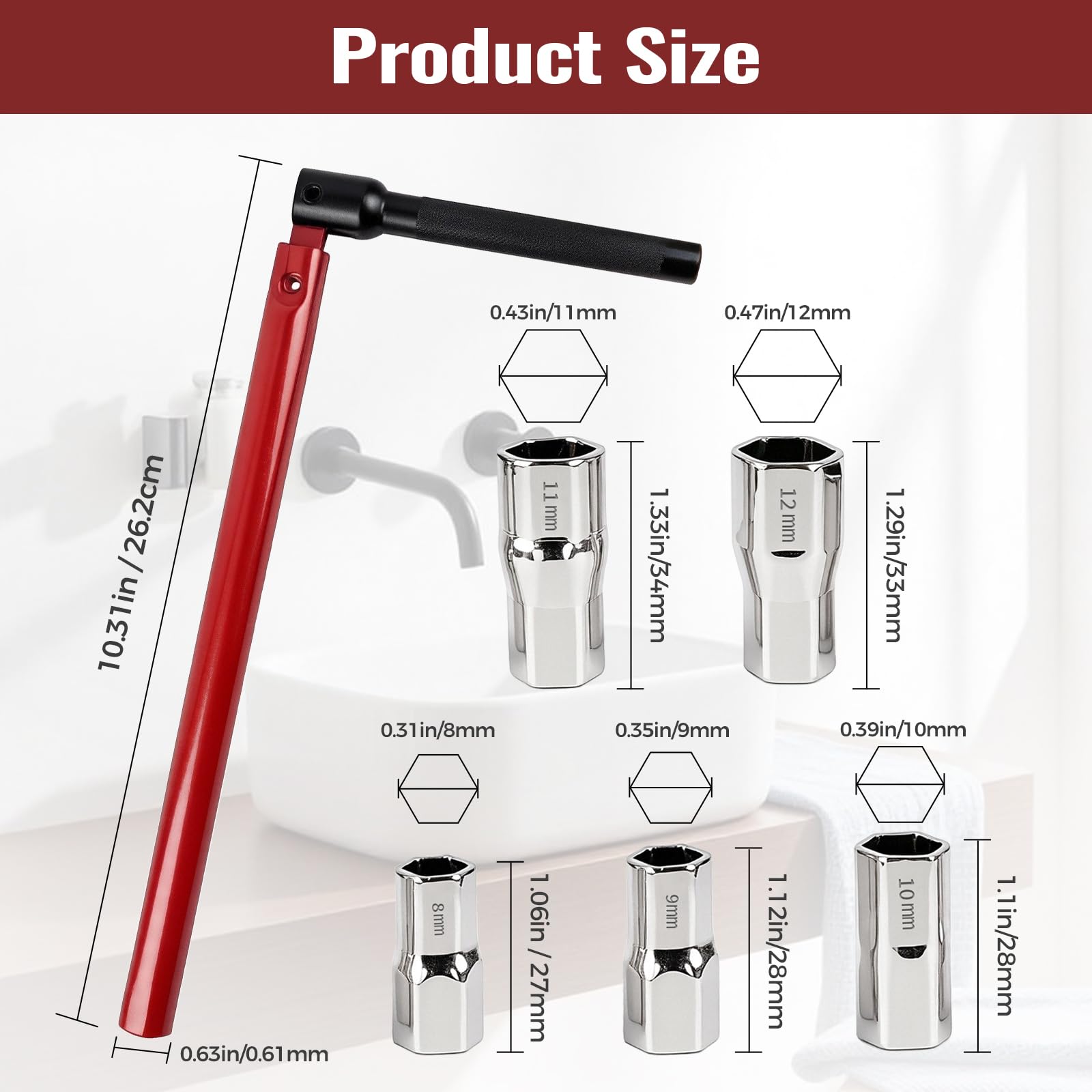lompyeu Jeu De Clé De Robinet De Lavabo Et Évier – 1 Clé De Robinet De 13 Mm Et 5 Adaptateurs (8-12 Mm), Outil De Plomberie Multifonction - 5
