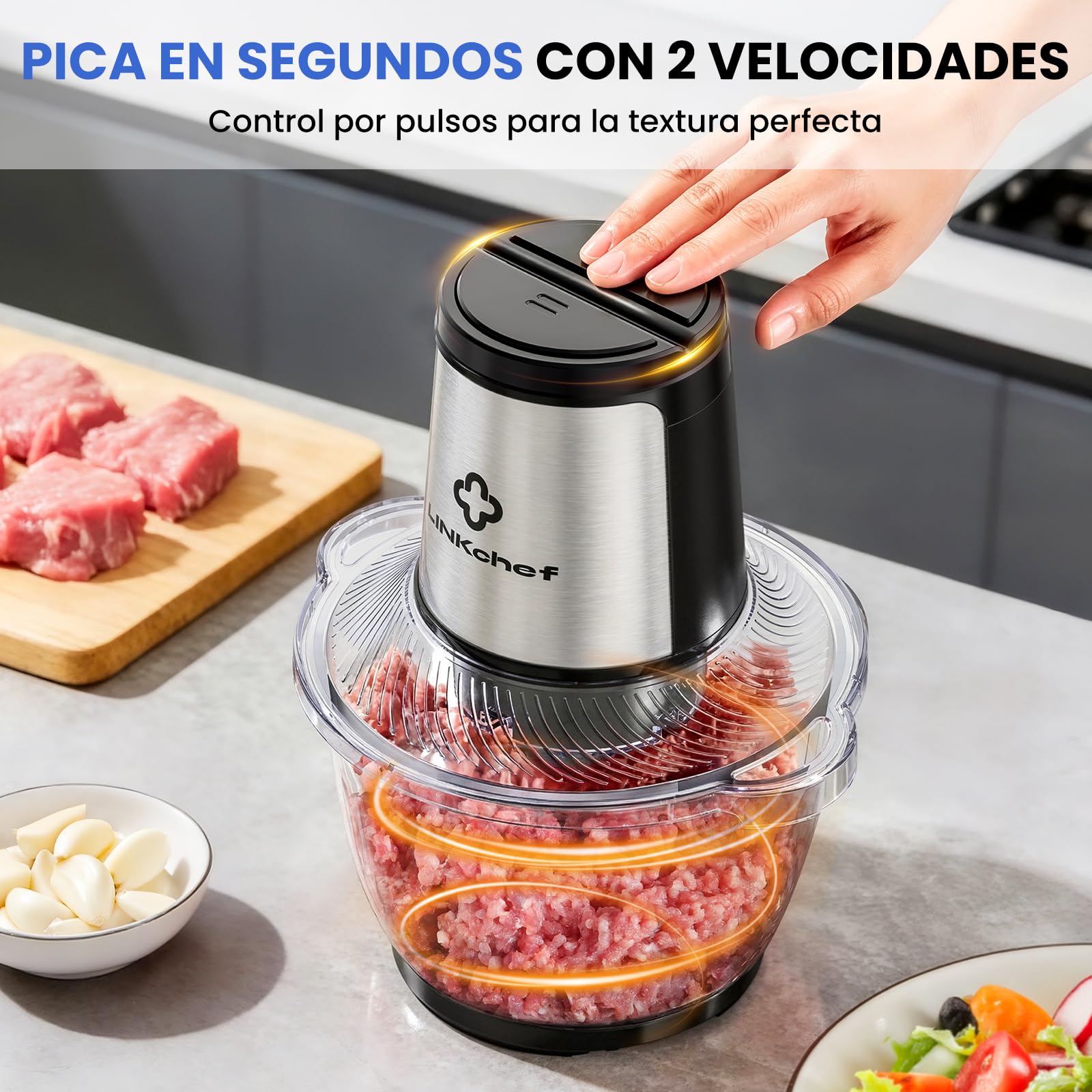 LINKChef Picadora Eléctrica 1,5L Vaso de Vidrio, 2 Velocidades, Cuchillas de Acero Inoxidable de 3 Niveles – Mini Procesador de Alimentos para Carne, Verduras, Frutas, Frutos Secos y Comida para Bebé