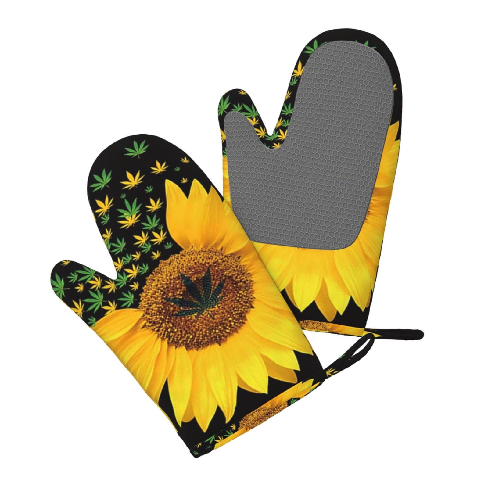 Aqrjlpo Women's Weed With Sunflower Silicone Oven Mitts Set 2Pcs, Printed Heat Resistant Non-Slip Silicone Oven Gloves For Kitchen Cooking Baking Microwave