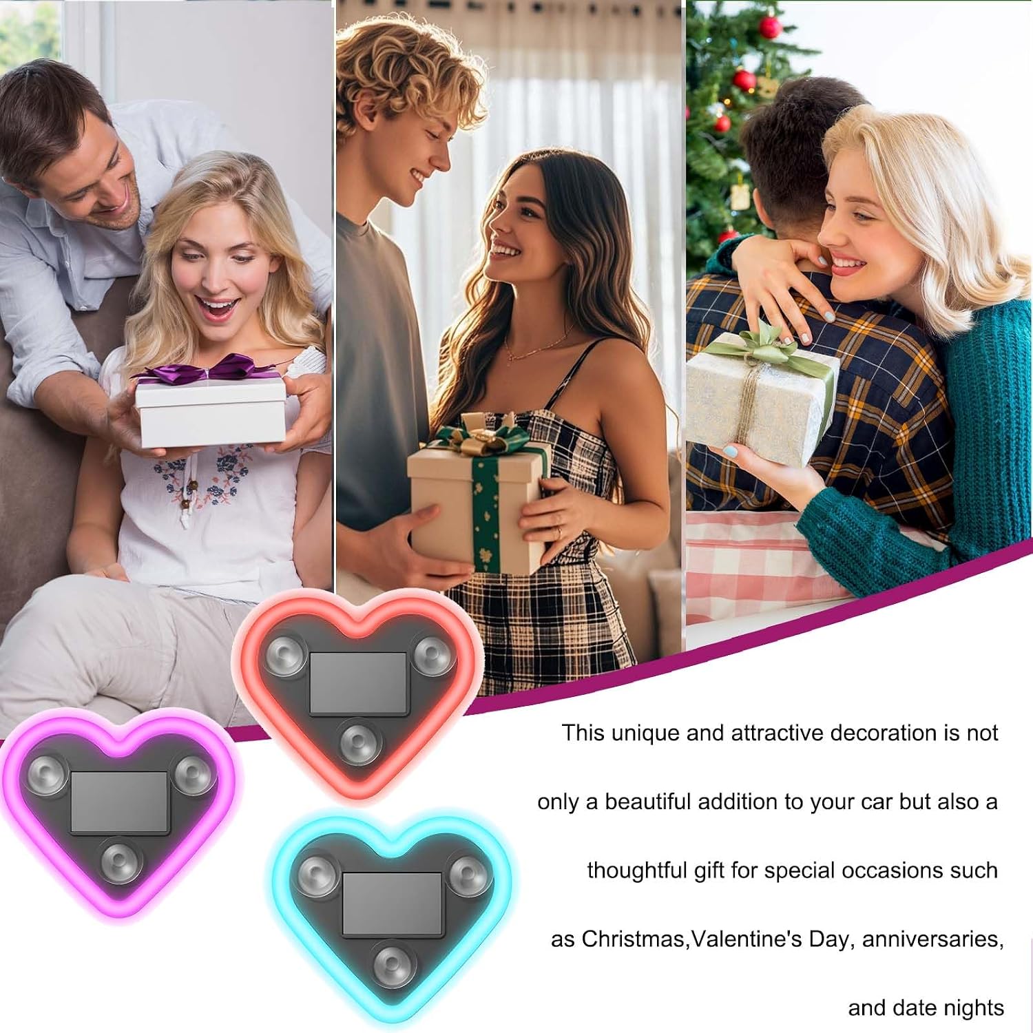 Solar Powered Car LED Ambient Light - Heart Shaped Neon Accent for Rear & Side Windows, 5 Modes, Romantic Gift for Christmas, Valentine's Day, Anniversary, Date Night (Red)