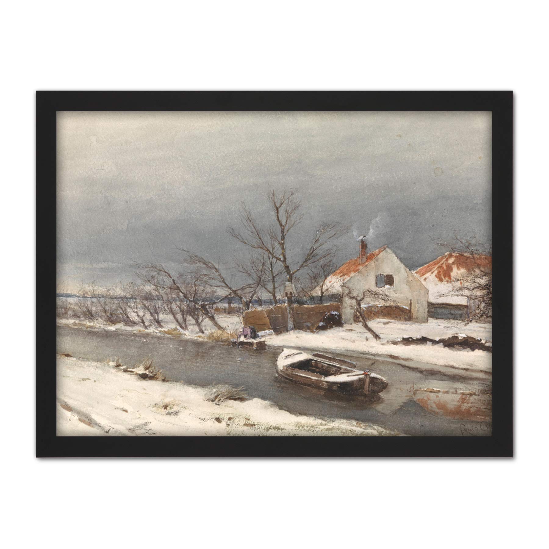 Artery8 Louis Apol Winter Landscape Houses Canal Painting Artwork Framed Wall Art Print 18X24 Inch