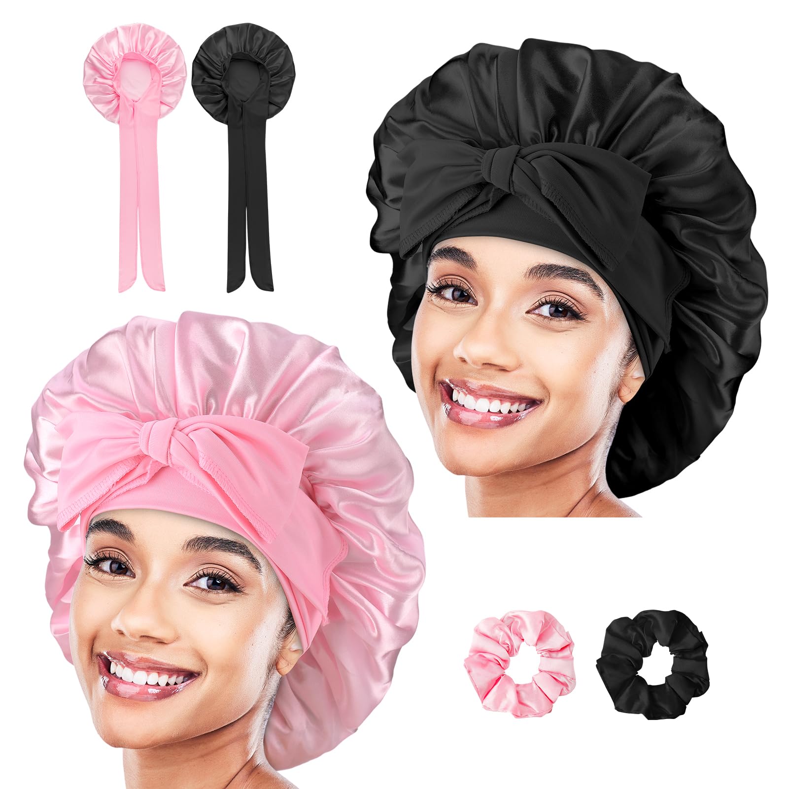 ViEinkaufen 2 Pcs Silk Bonnet, Elastic Silk Sleep Bonnet Adjustable Satin for Hair Sleeping Women Girls, Multicolor